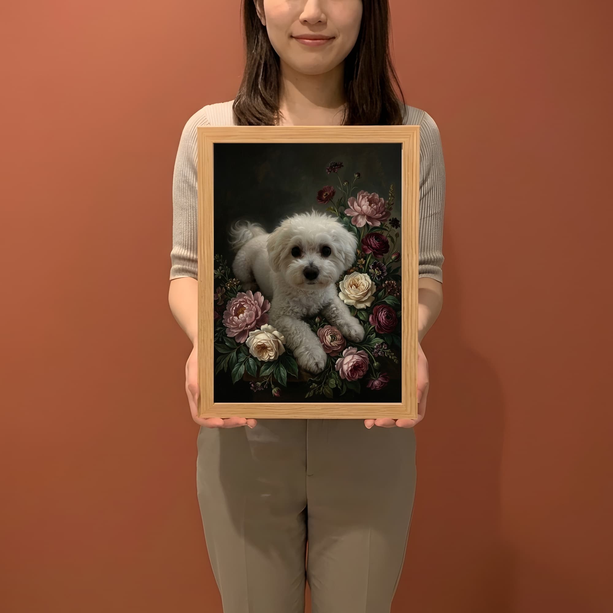 ビションフリーゼの花の油絵風アート花柄額装プリント(A3サイズ) 2