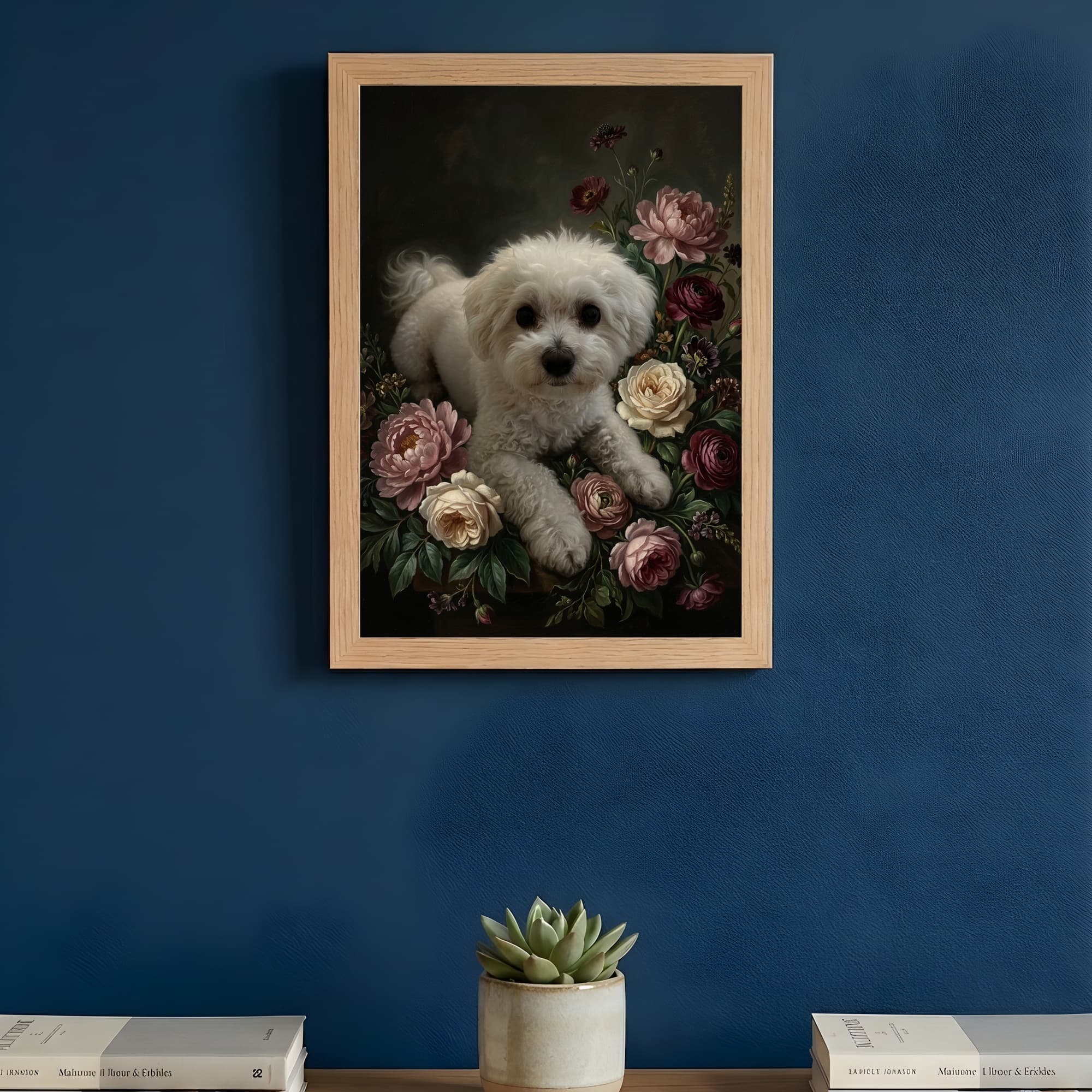 ビションフリーゼの花の油絵風アート花柄額装プリント(A3サイズ) 3