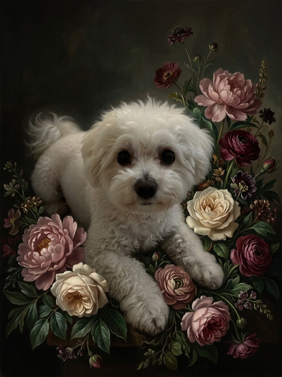 ビションフリーゼの花の油絵風アート花柄額装プリント(A3サイズ) 4