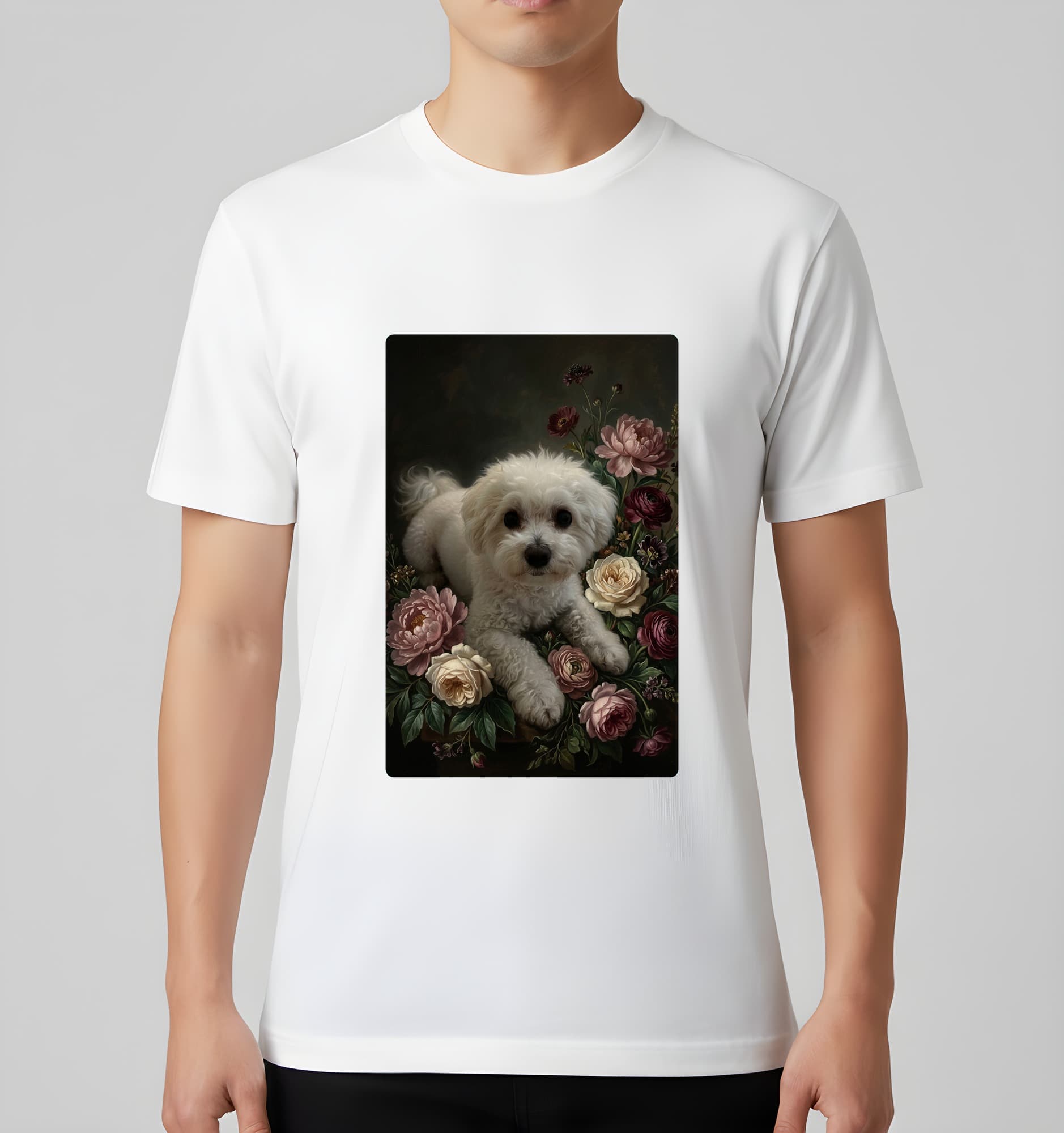 bichon frise Floral Oil-Painting Floral T-Shirt (White) 3
