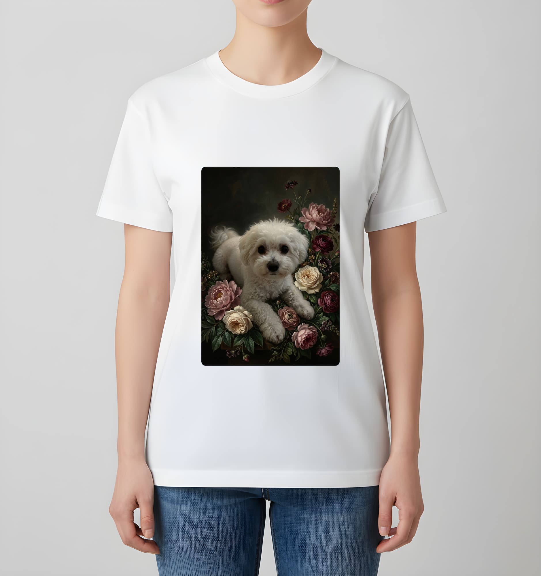 bichon frise Floral Oil-Painting Floral T-Shirt (White) 4