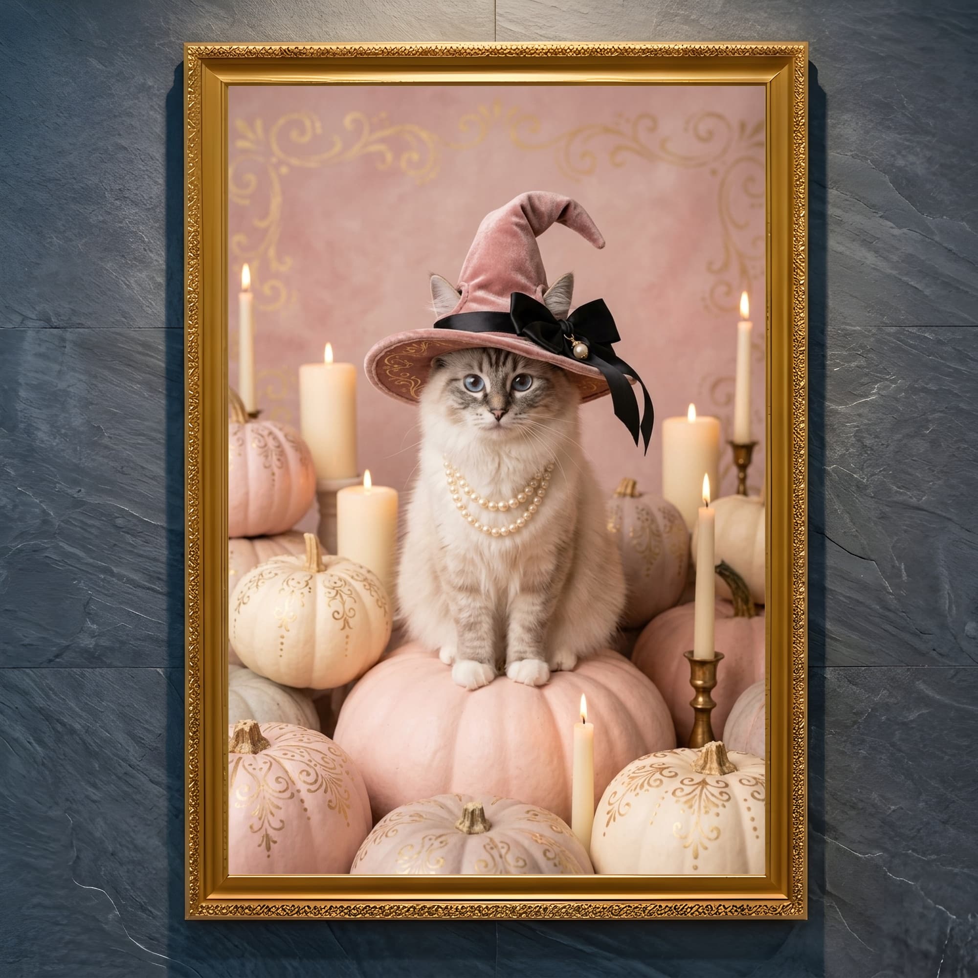 Ragdoll Pumpkin & Candlelight Oil-Painting Halloween Framed Art Print (A4 Gold)