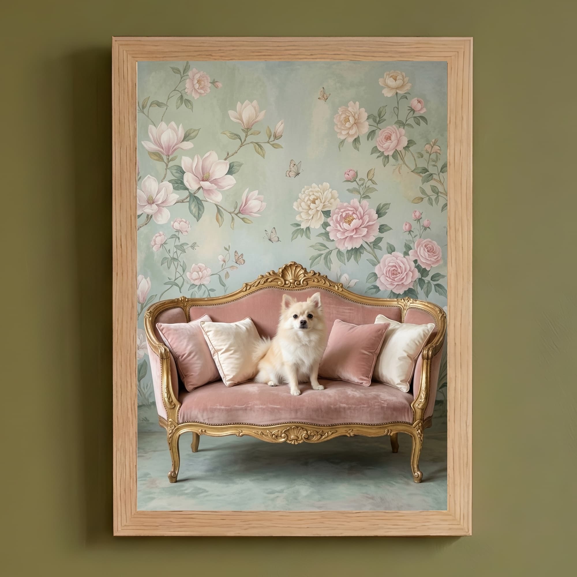Pomeranian Shabby Pink Oil-Painting Rococo Framed Art Print (A4)