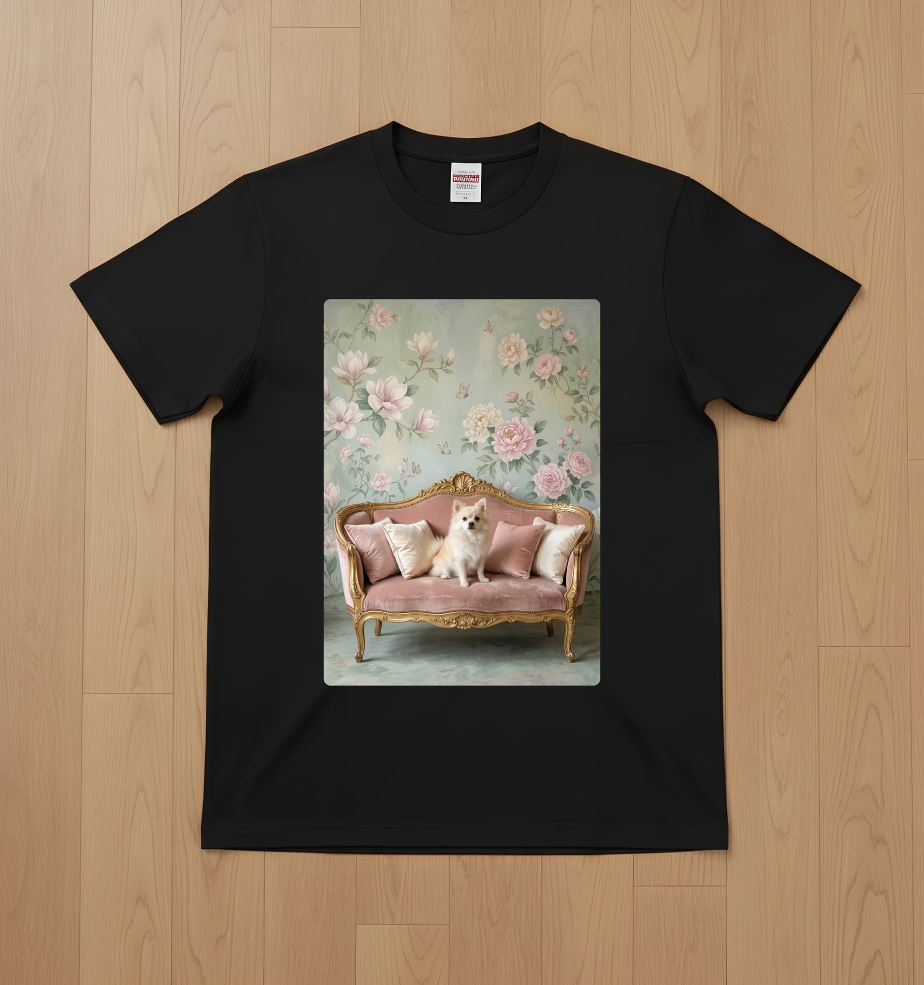 Pomeranian Shabby Pink Oil-Painting Rococo T-Shirt (Black)