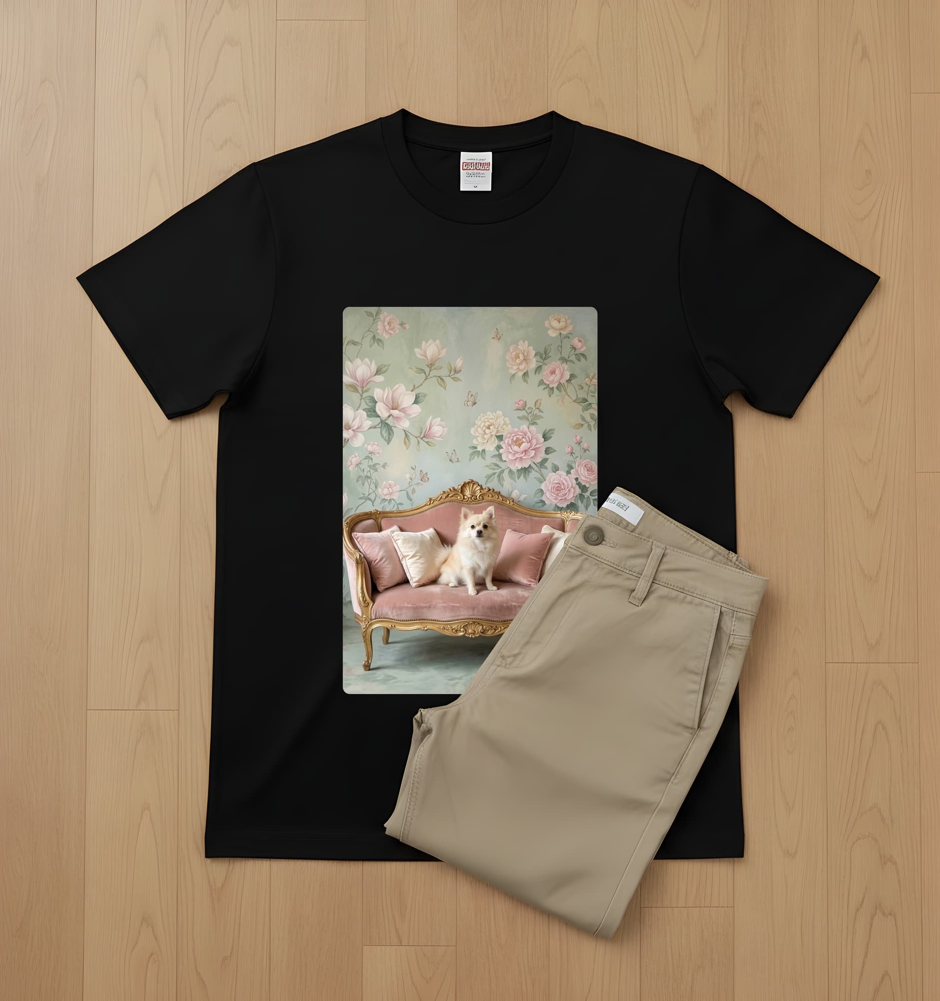 Pomeranian Shabby Pink Oil-Painting Rococo T-Shirt (Black) 2