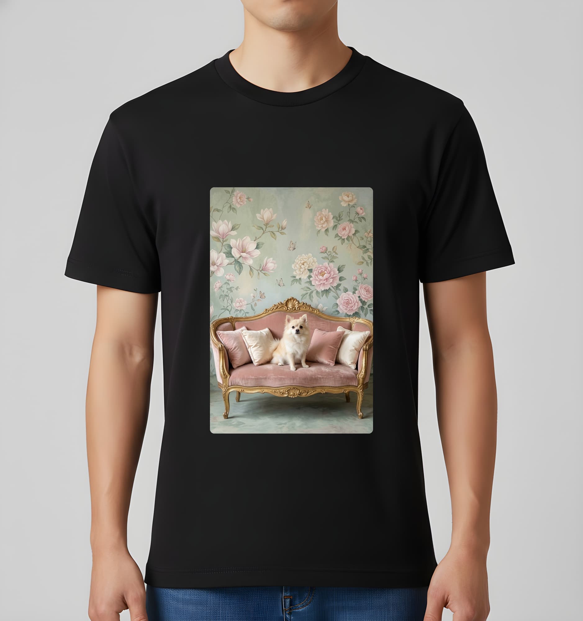 Pomeranian Shabby Pink Oil-Painting Rococo T-Shirt (Black) 3