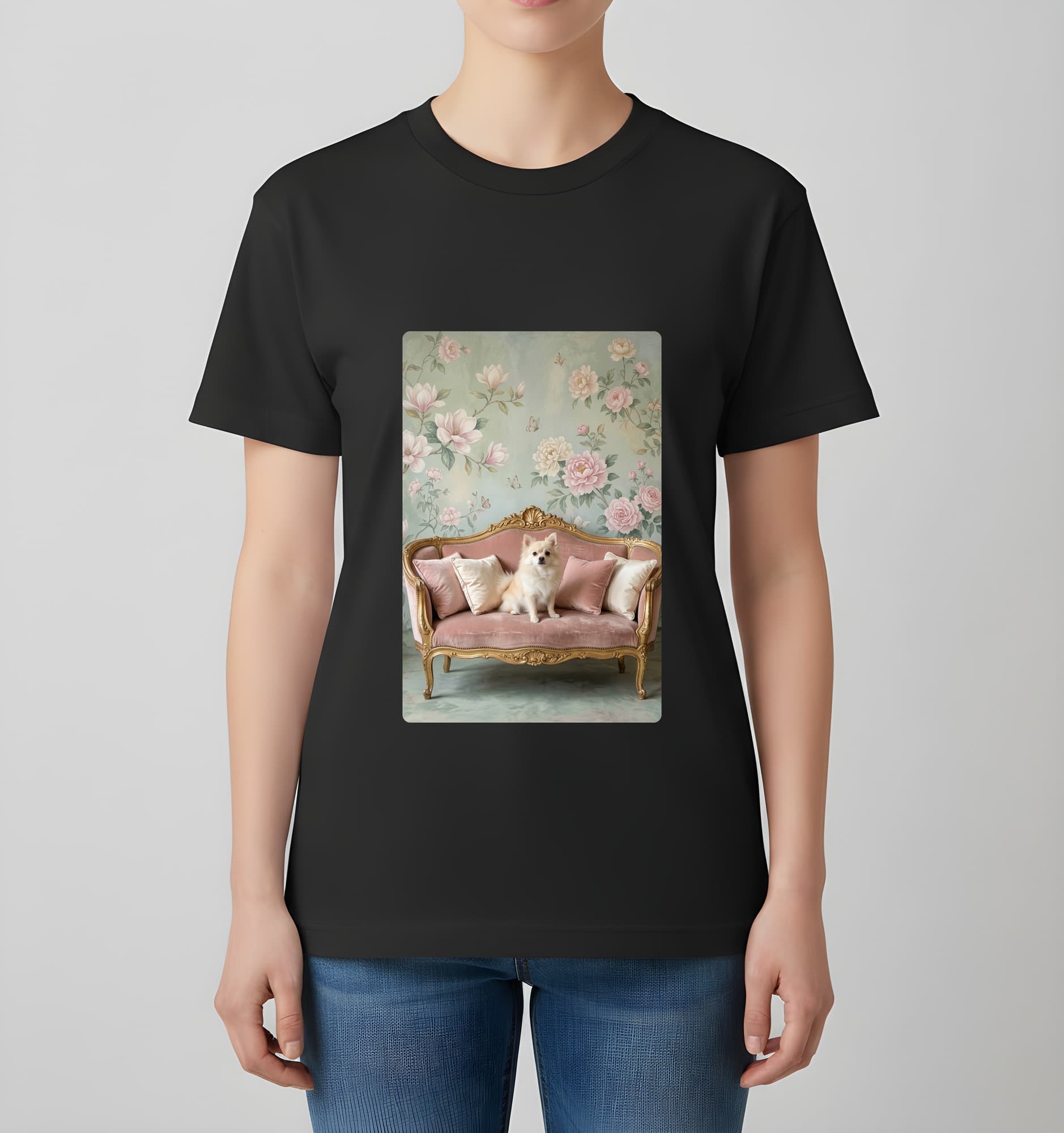 Pomeranian Shabby Pink Oil-Painting Rococo T-Shirt (Black) 4