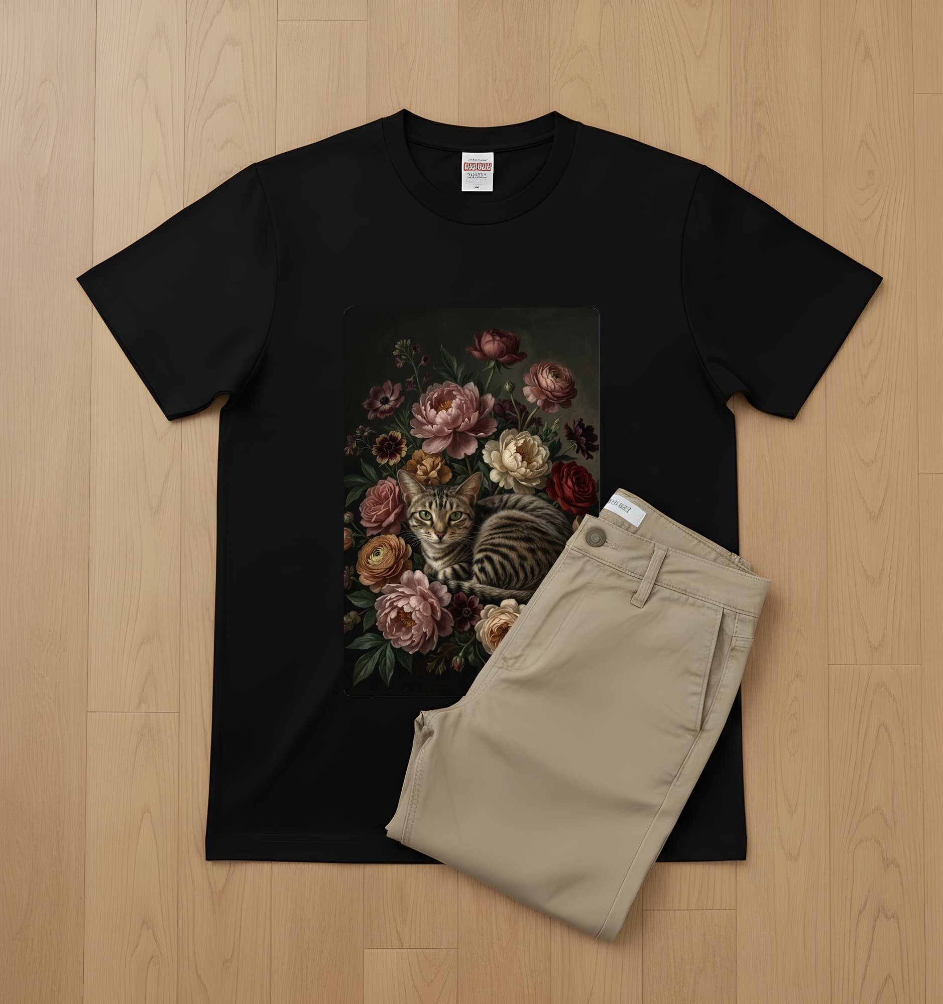 American Shorthair Floral Oil-Painting Floral T-Shirt (Black) 2