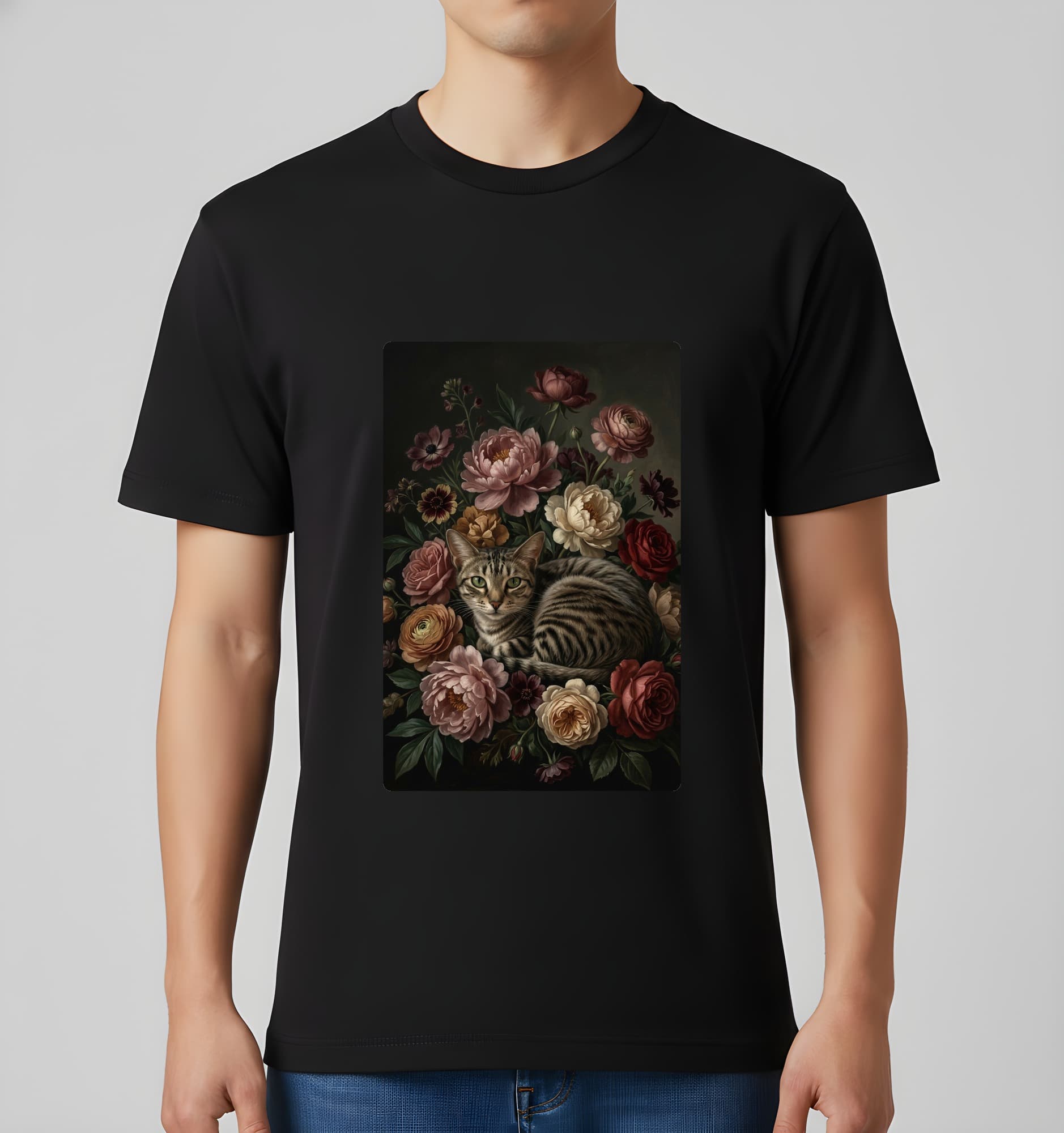 American Shorthair Floral Oil-Painting Floral T-Shirt (Black) 3