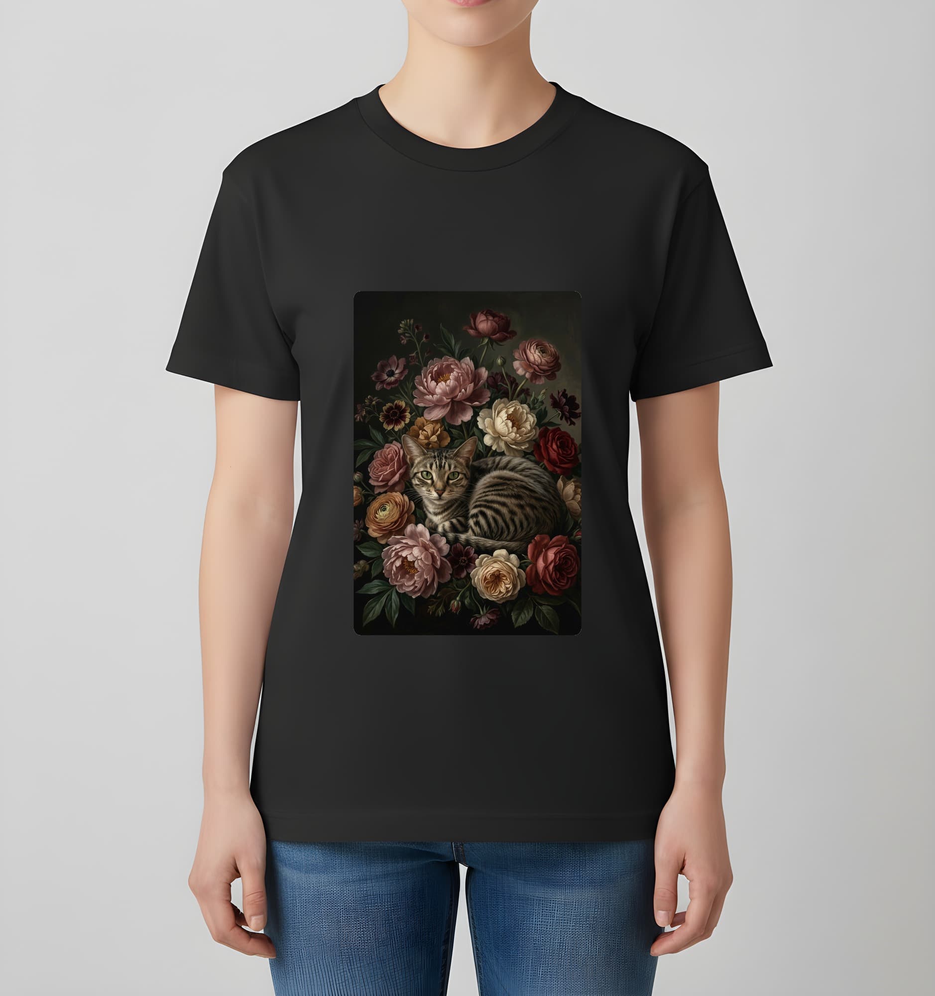 American Shorthair Floral Oil-Painting Floral T-Shirt (Black) 4