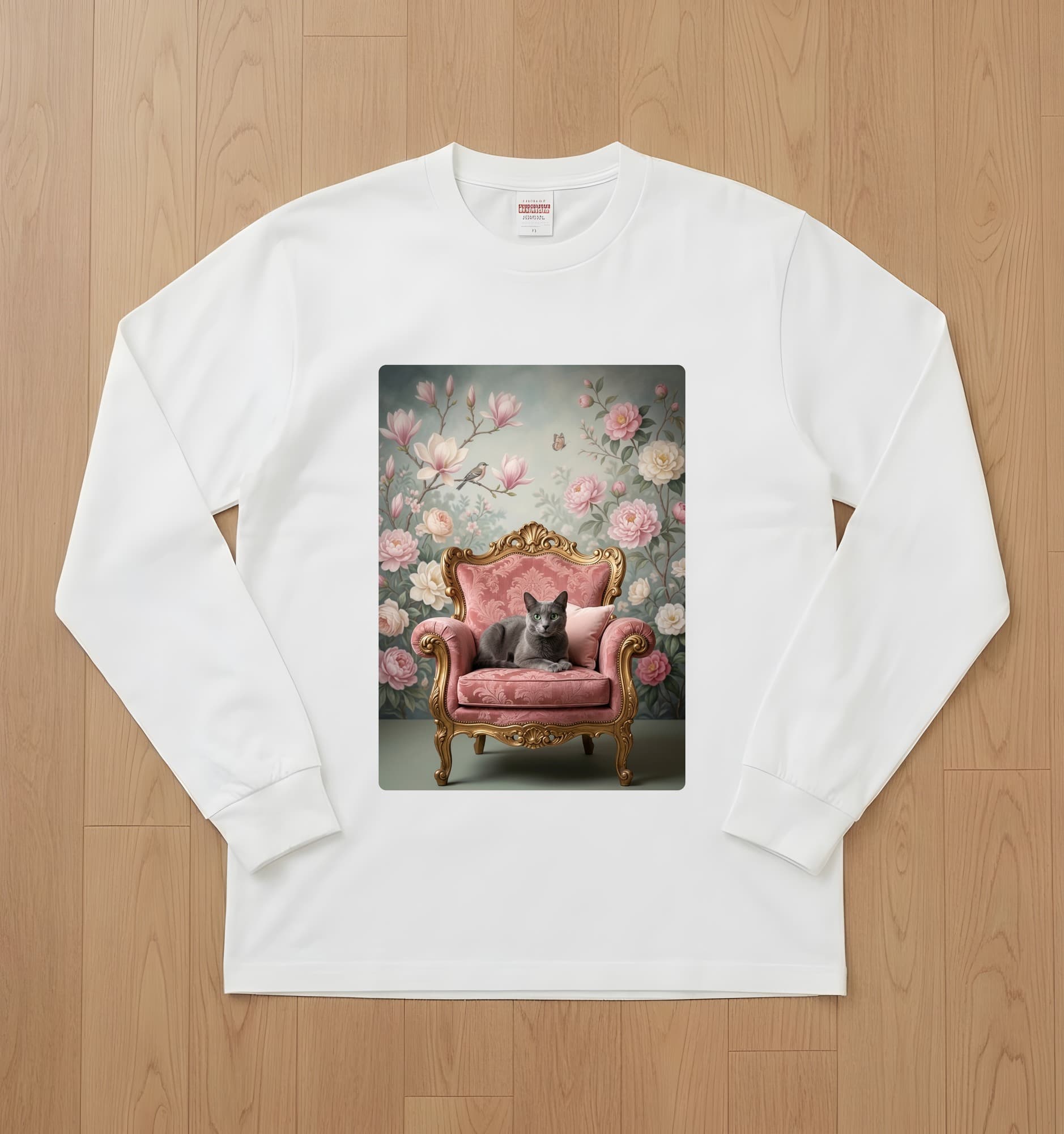 Russian Blue Shabby Pink Oil-Painting Rococo Long Sleeve T-Shirt (White)