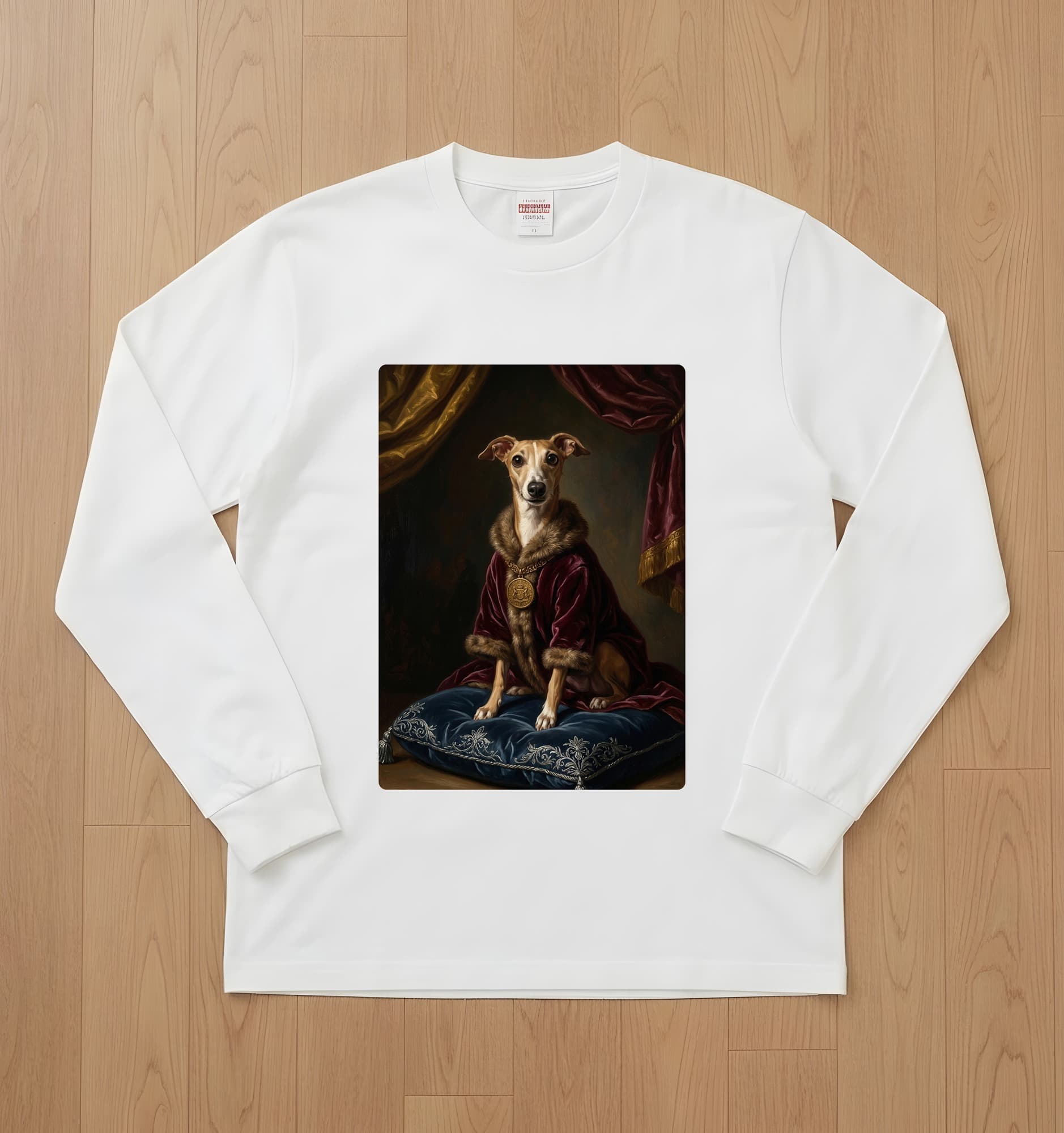 イタリアングレーハウンドのルネサンス肖像画長袖Tシャツ(ホワイト)