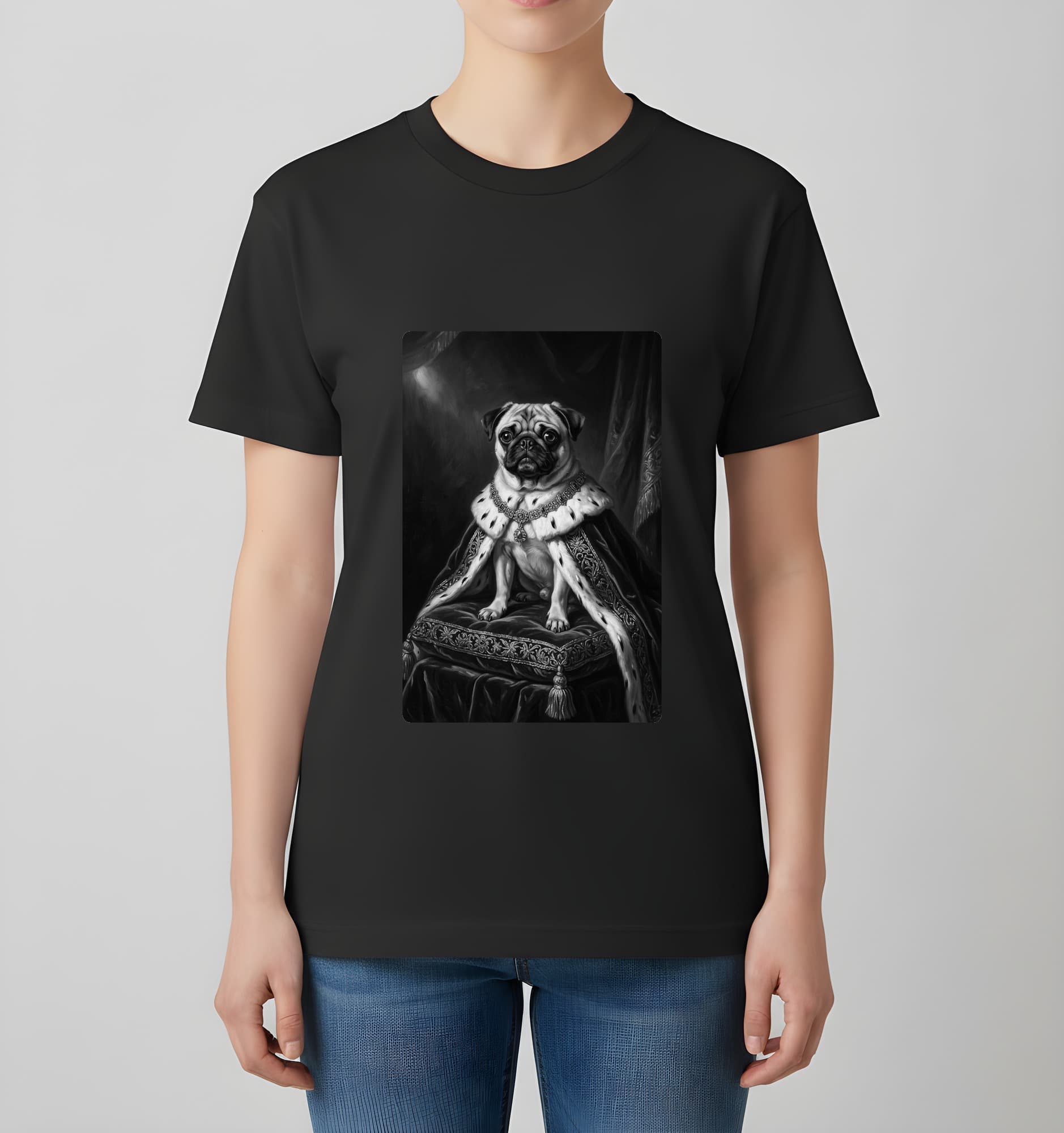 パグのルネサンス肖像画Tシャツ(ブラック・モノクロプリント・額縁なし) 4