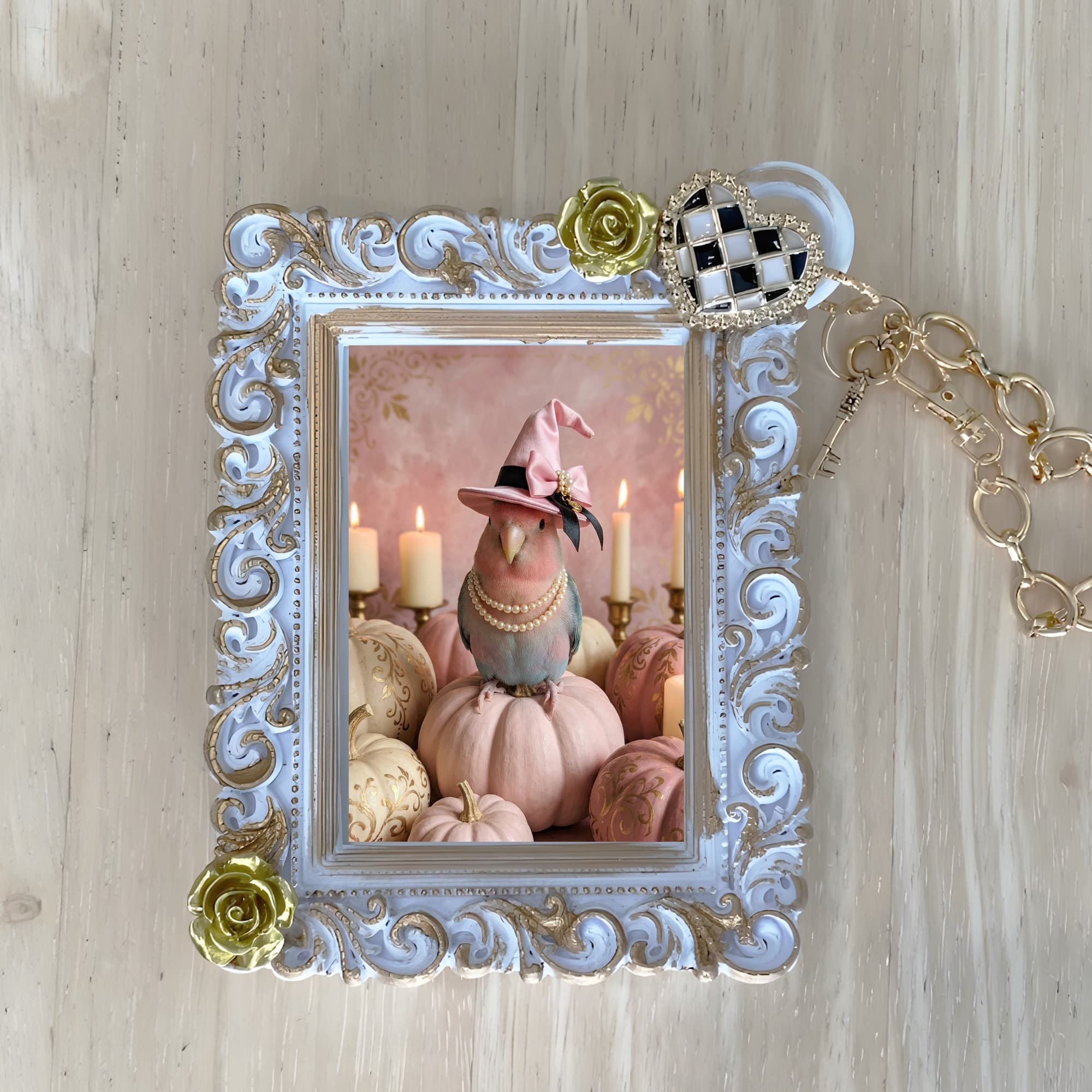 Bourke's Parakeet Pumpkin & Candlelight Oil-Painting Halloween Bag Charm (White)