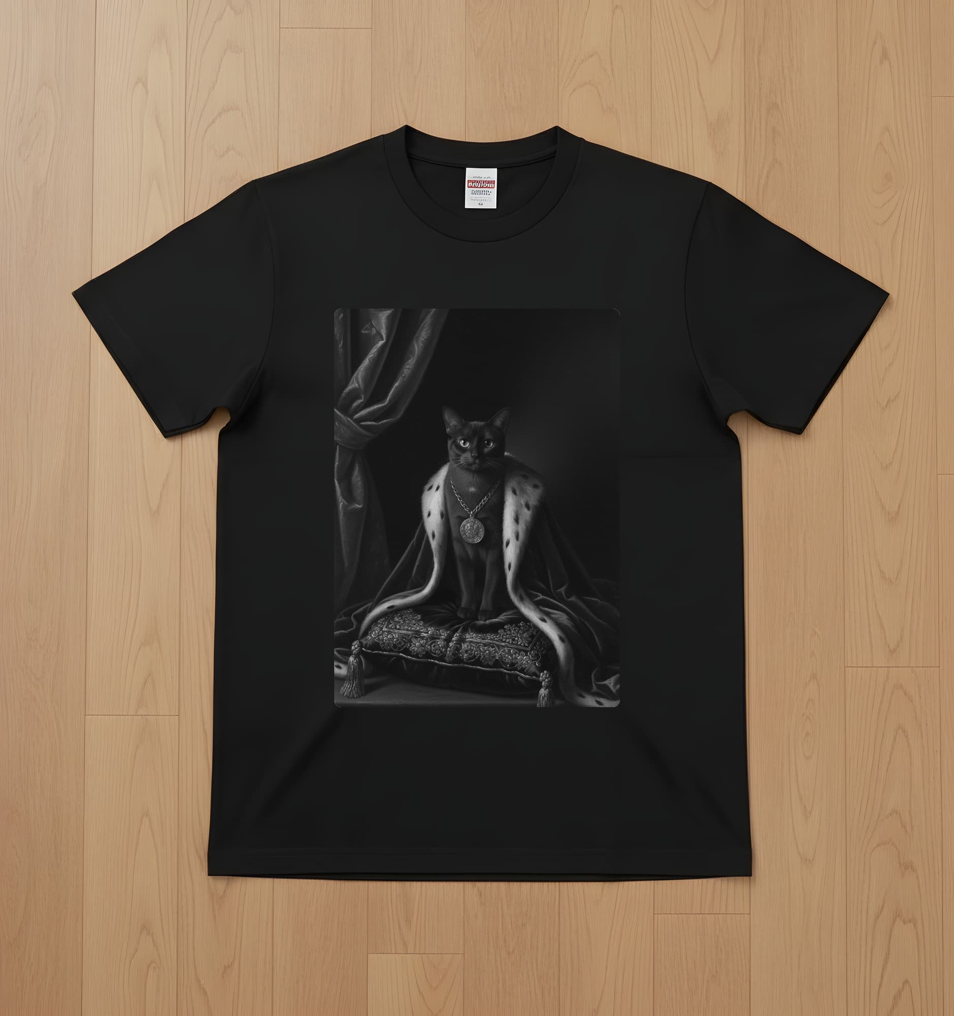 バーミーズのルネサンス肖像画Tシャツ(ブラック・モノクロプリント・額縁なし)
