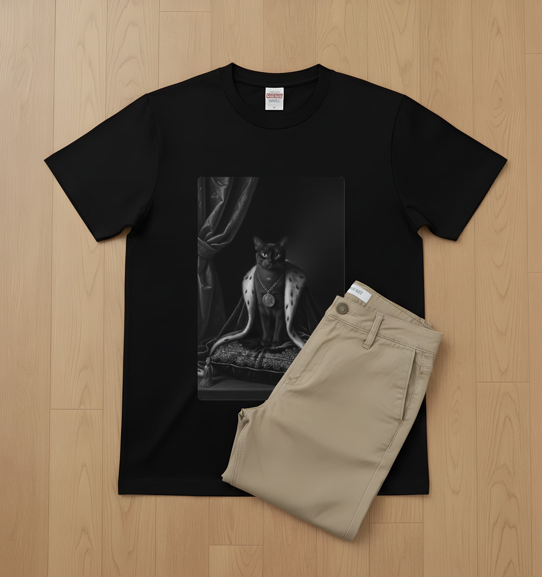 バーミーズのルネサンス肖像画Tシャツ(ブラック・モノクロプリント・額縁なし) 2