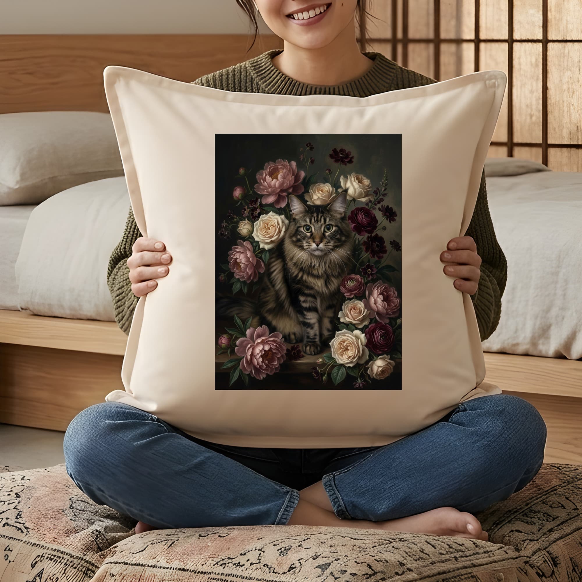 メインクーンの花の油絵風アート花柄クッション 3