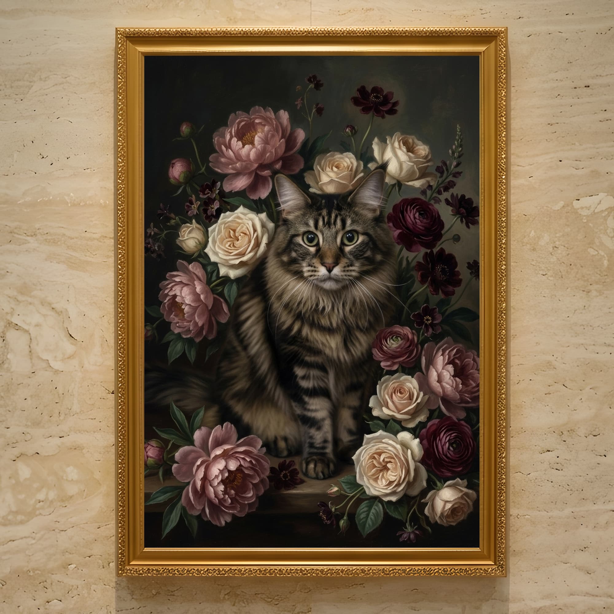 メインクーンの花の油絵風アート花柄額装プリント(A3サイズ)
