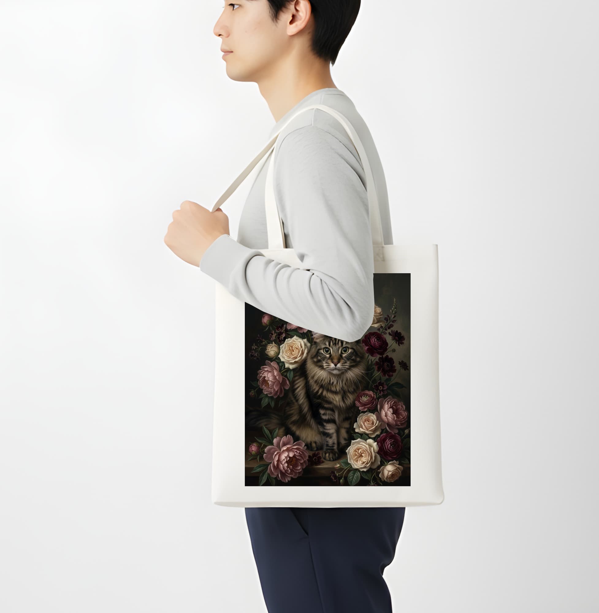 Maine Coon Floral Oil-Painting Floral Tote Bag 4