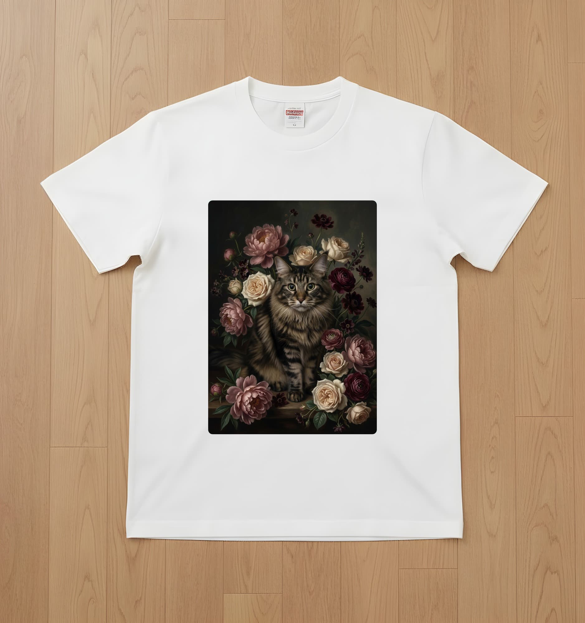 Maine Coon Floral Oil-Painting Floral T-Shirt (White)