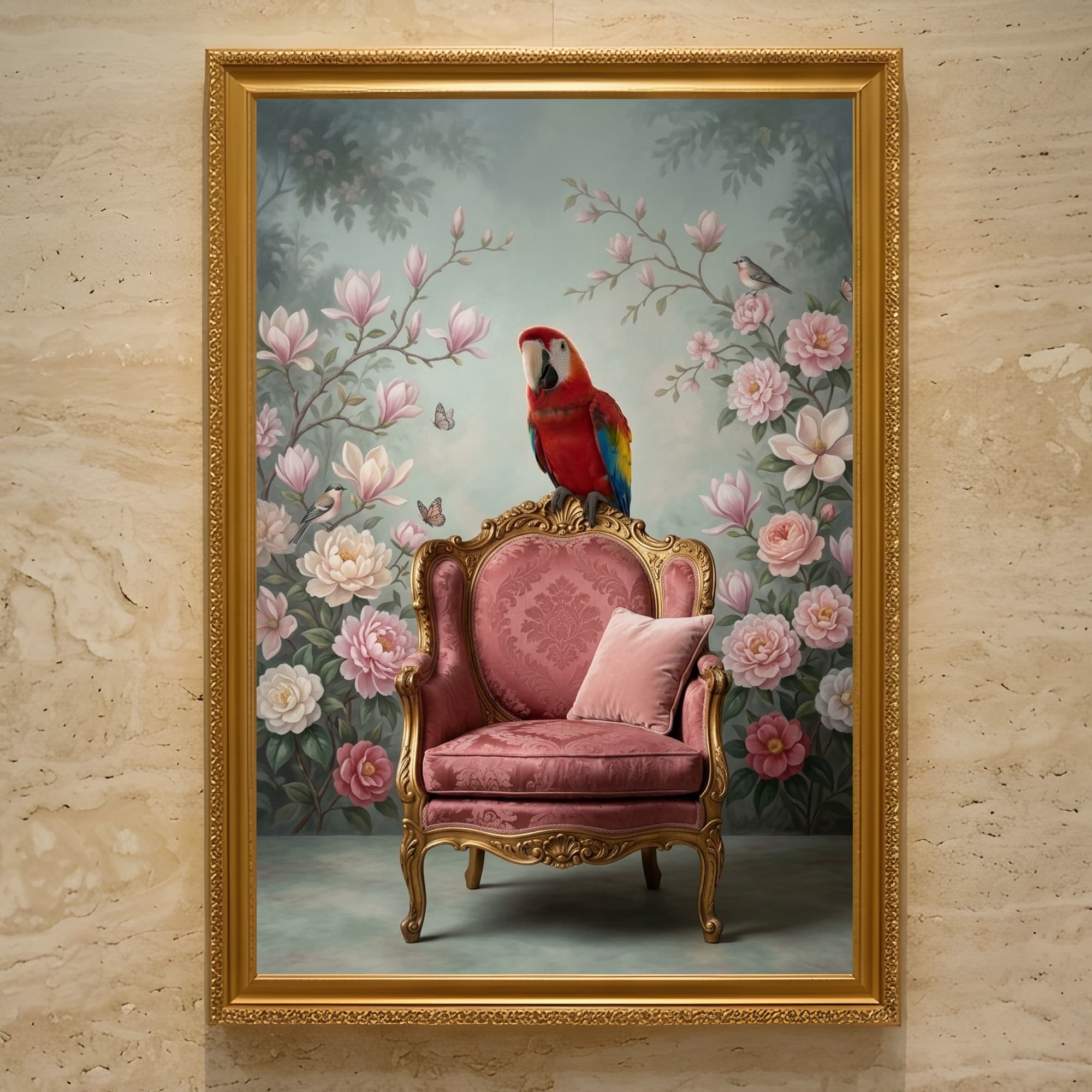 コンゴウインコのシャビーピンクの油絵風アートロココ調額装プリント(A3サイズ)