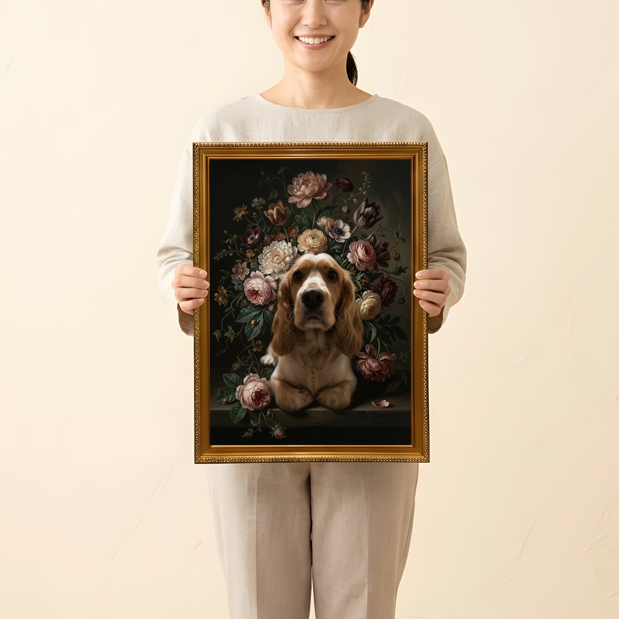 コッカースパニエルの花の油絵風アート花柄額装プリント(A3サイズ) 2