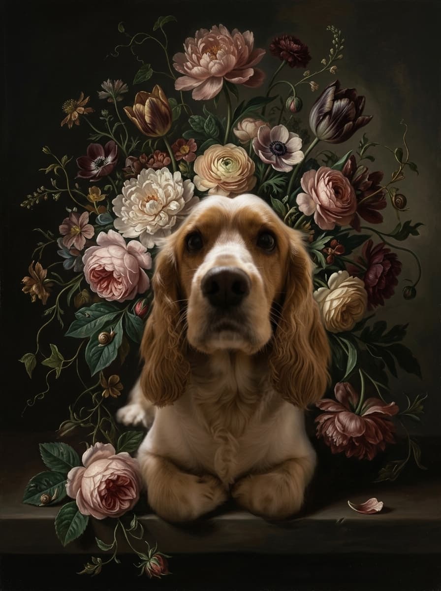 コッカースパニエルの花の油絵風アート花柄額装プリント(A3サイズ) 4
