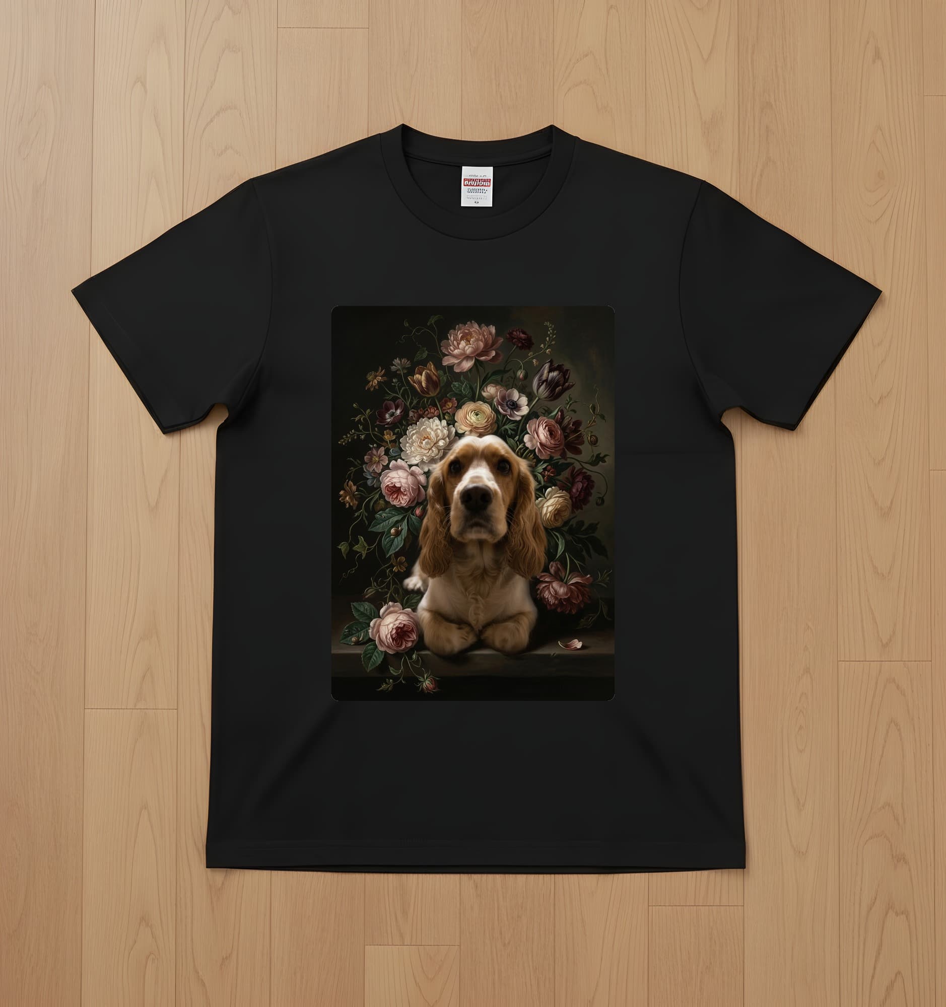 cocker spaniel Floral Oil-Painting Floral T-Shirt (Black)