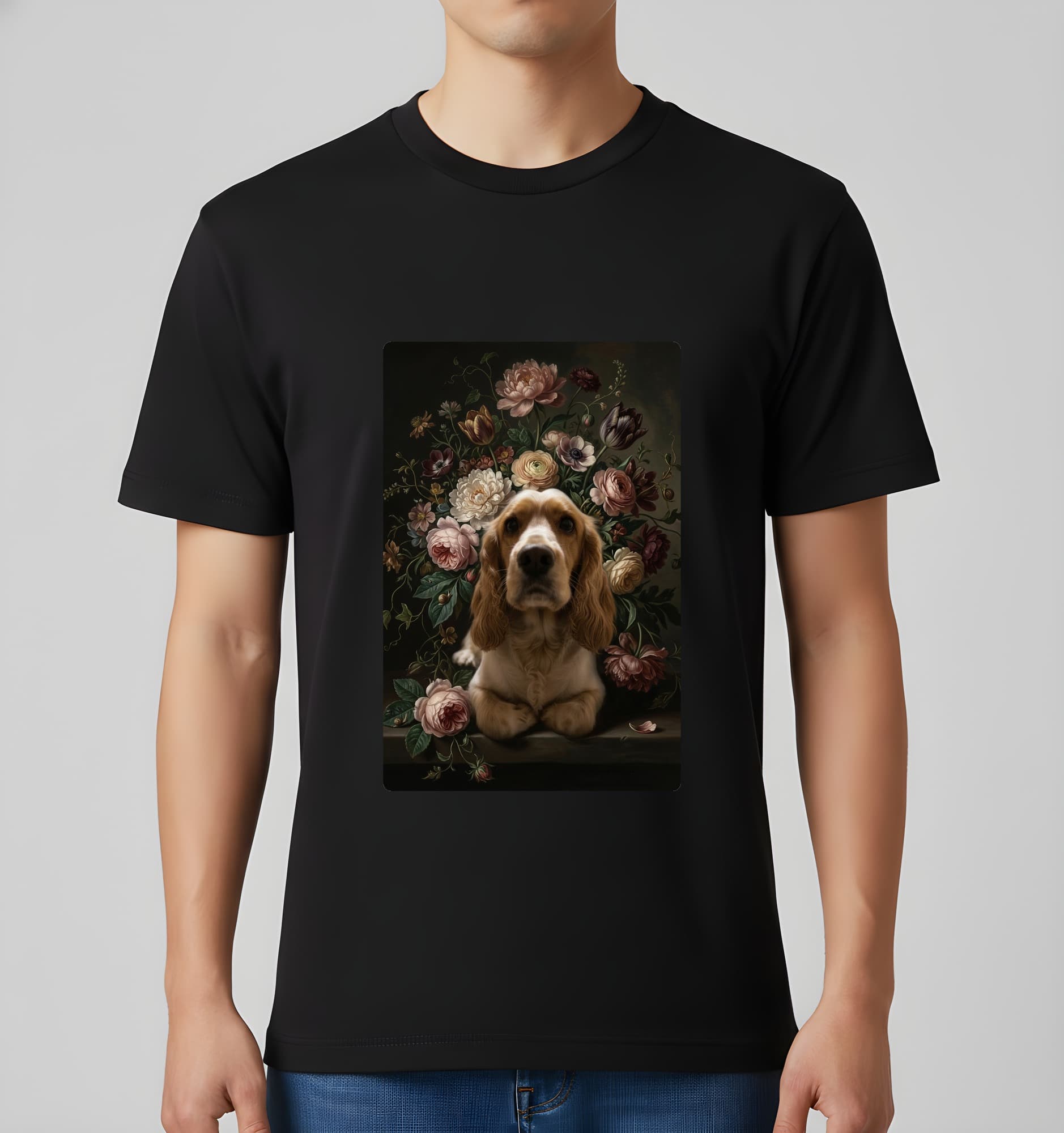 cocker spaniel Floral Oil-Painting Floral T-Shirt (Black) 3