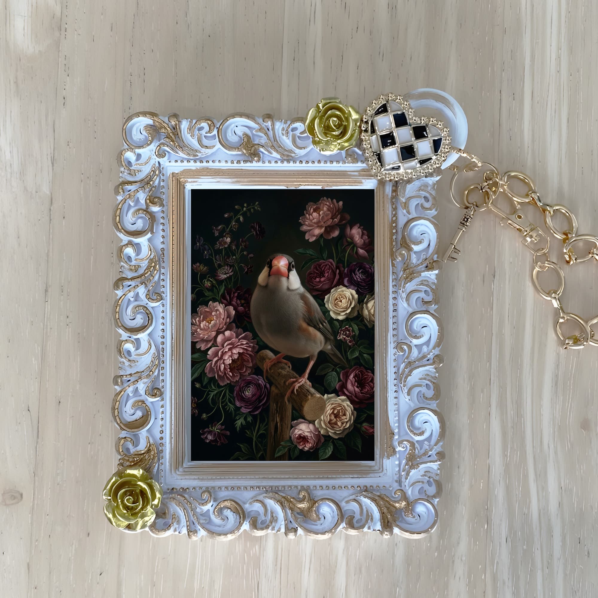 Java sparrow Floral Oil-Painting Floral Bag Charm (White)