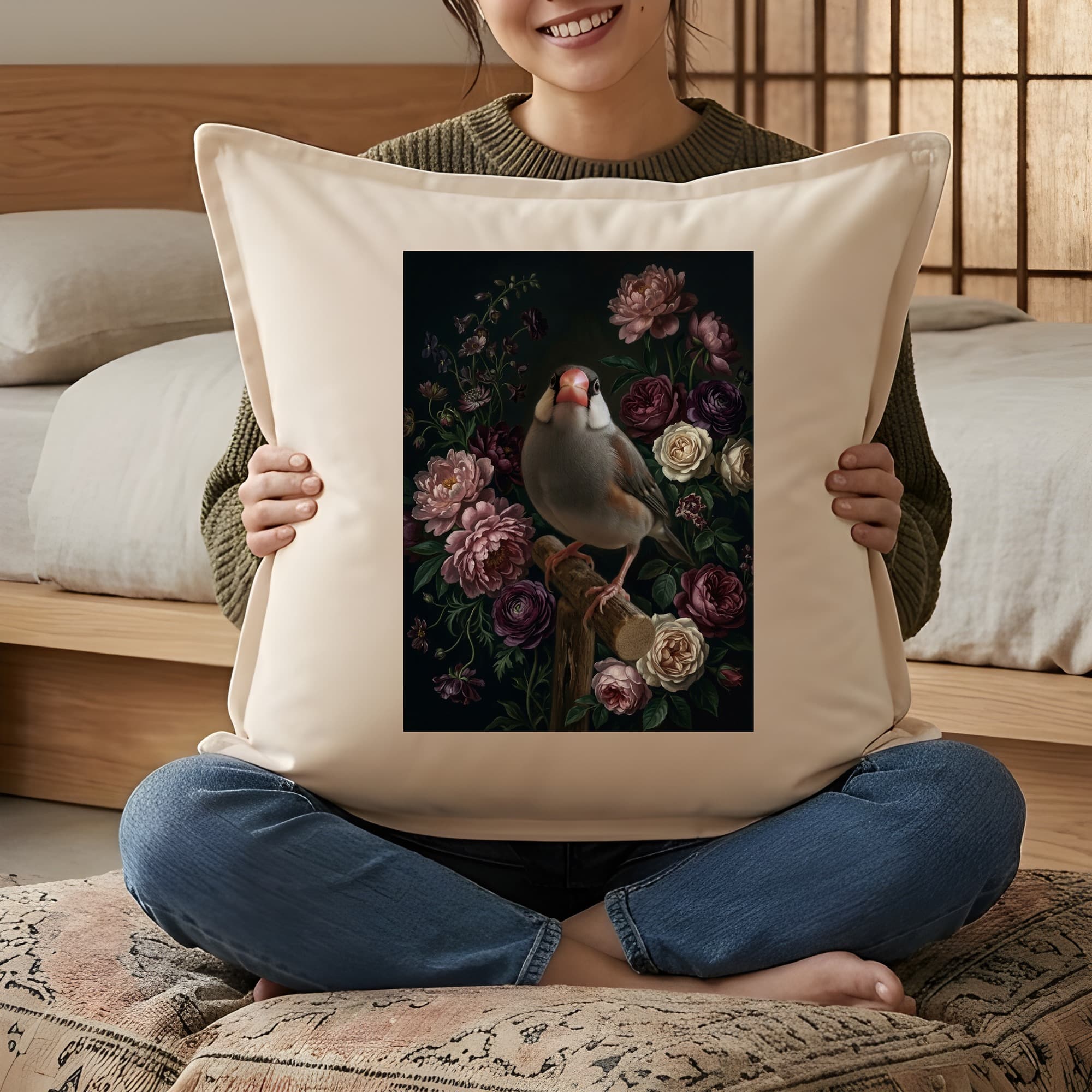 文鳥・ブンチョウの花の油絵風アート花柄クッション 3