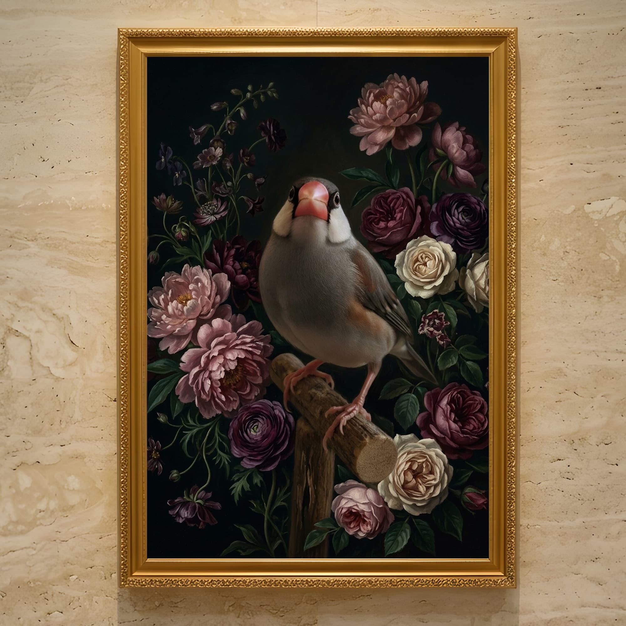文鳥・ブンチョウの花の油絵風アート花柄額装プリント(A3サイズ)