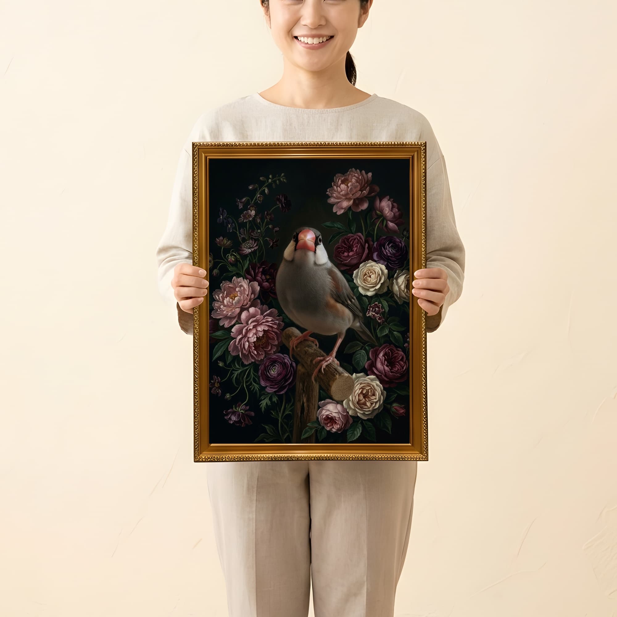 文鳥・ブンチョウの花の油絵風アート花柄額装プリント(A3サイズ) 2