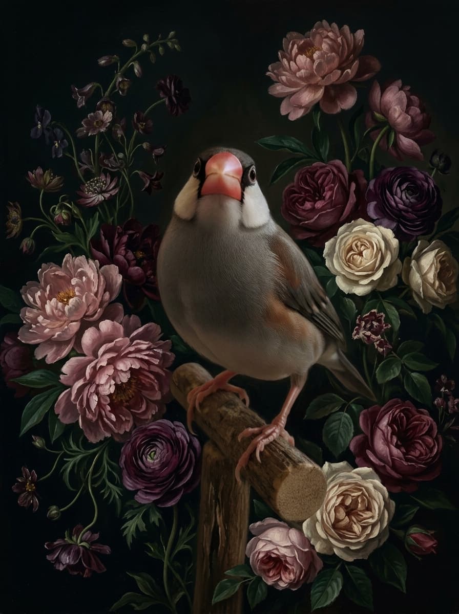 文鳥・ブンチョウの花の油絵風アート花柄額装プリント(A3サイズ) 4