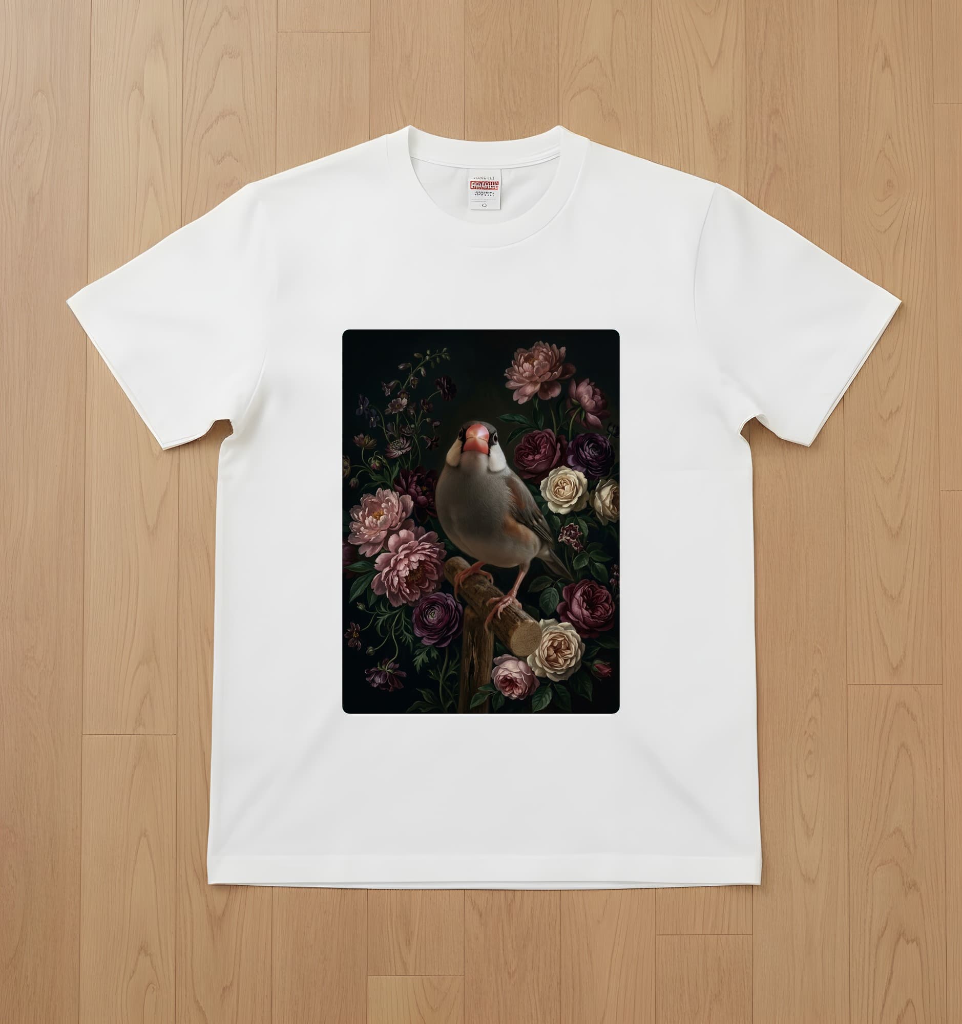 文鳥・ブンチョウの花の油絵風アート花柄Tシャツ(ホワイト)