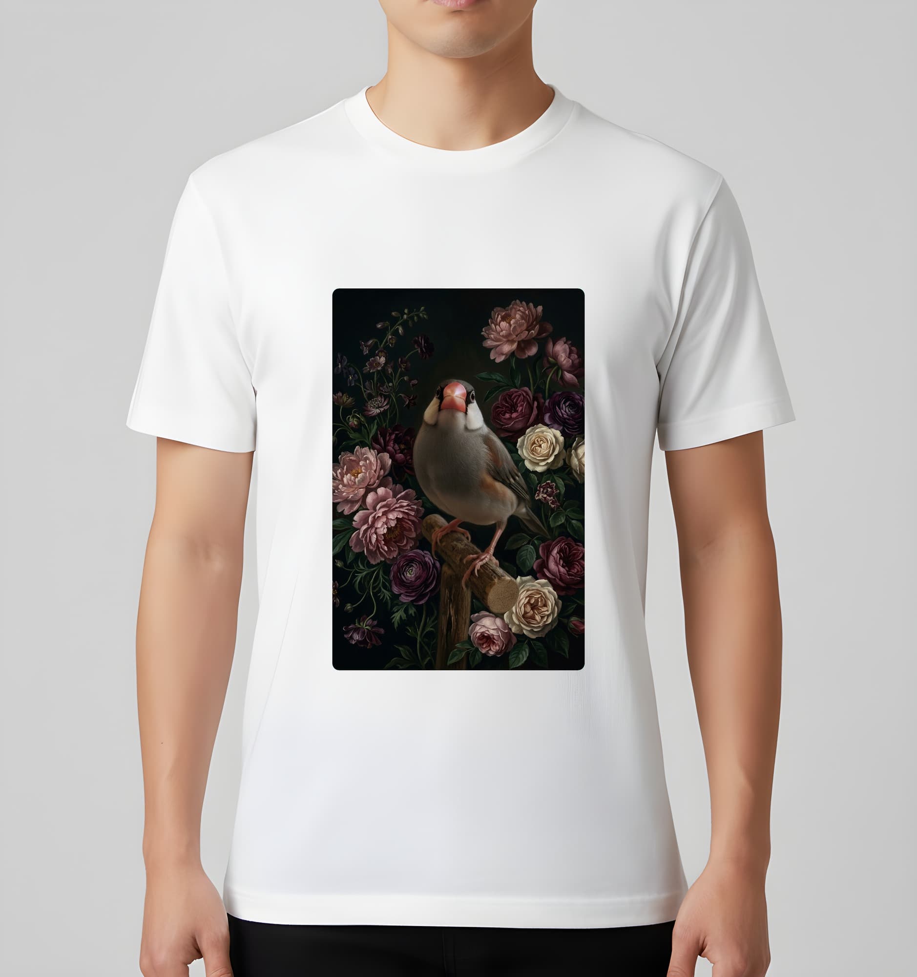 文鳥・ブンチョウの花の油絵風アート花柄Tシャツ(ホワイト) 3