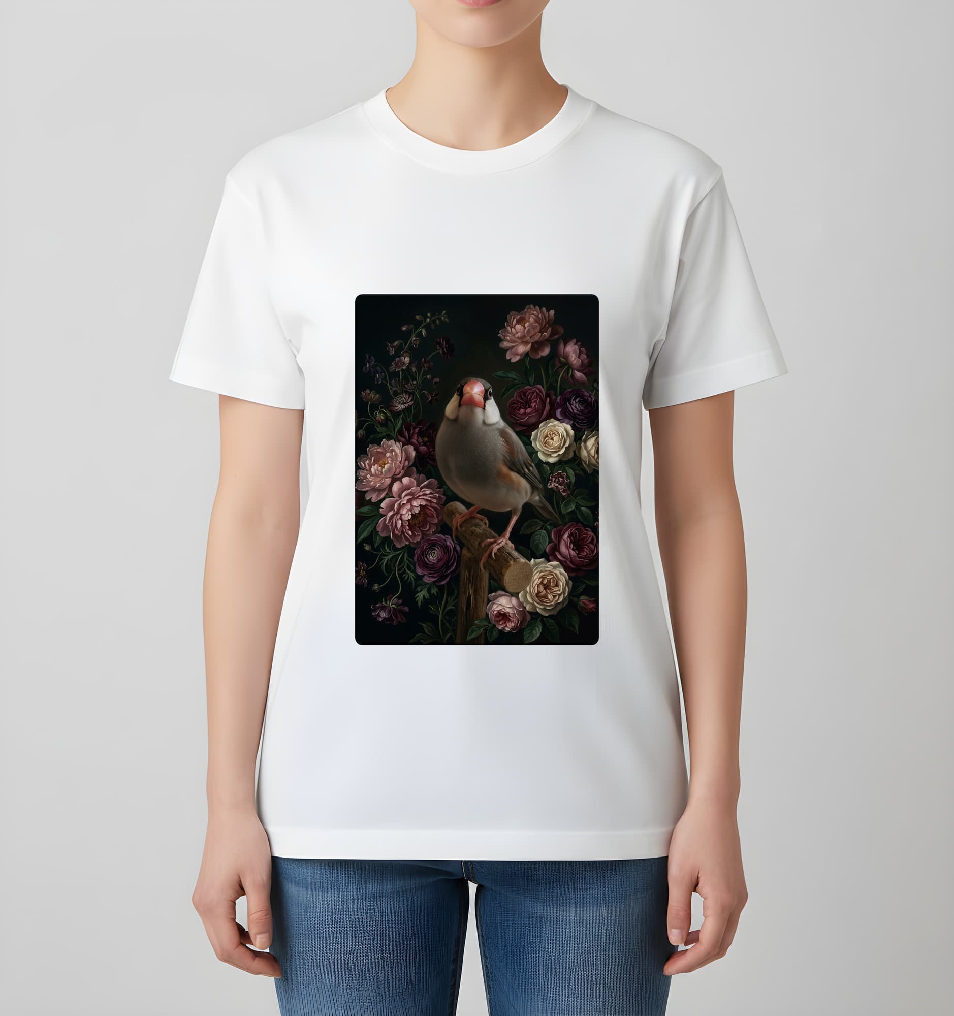 文鳥・ブンチョウの花の油絵風アート花柄Tシャツ(ホワイト) 4