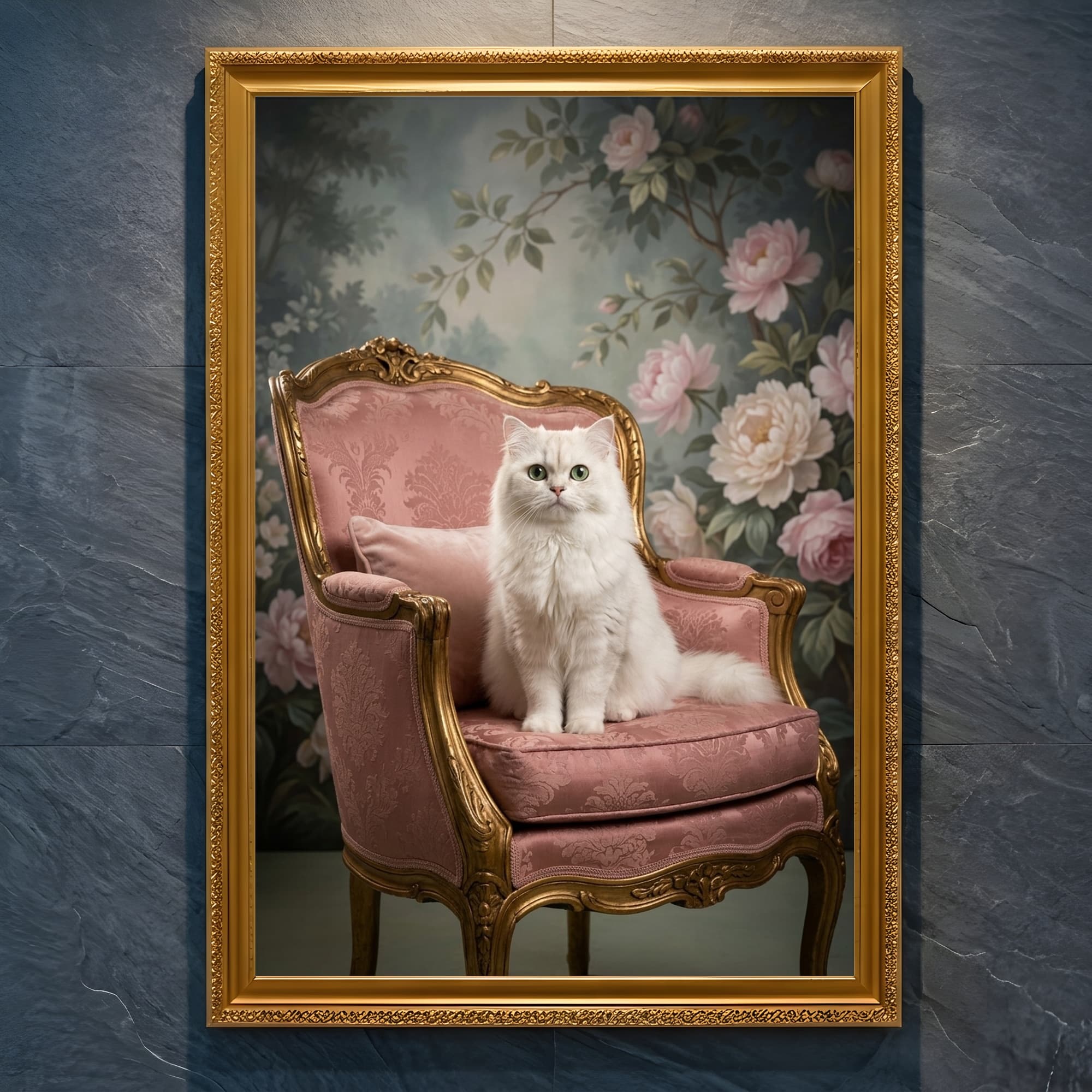 チンチラペルシャのシャビーピンクの油絵風アートロココ調額装プリント(A4金縁)