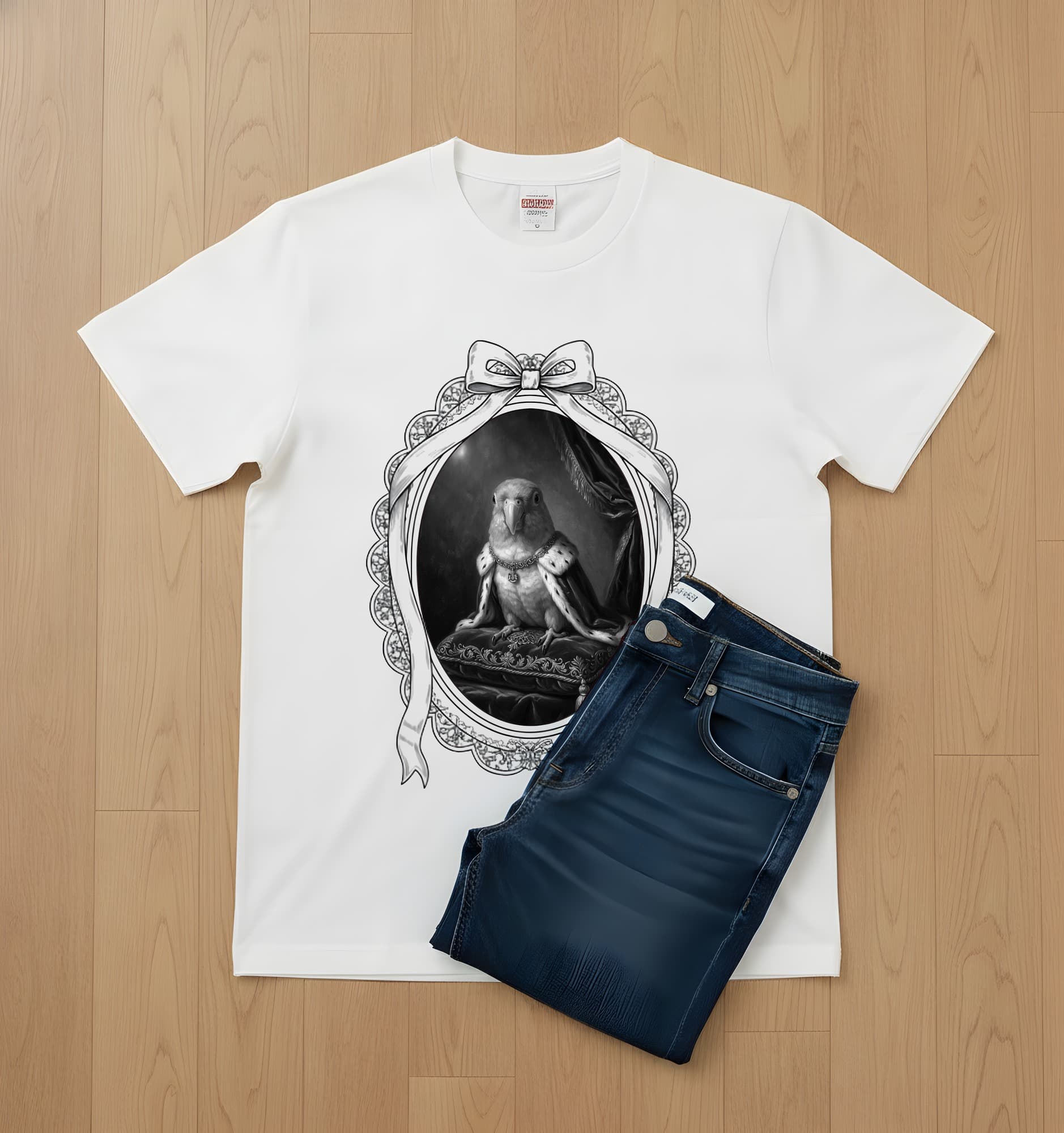 シロハラインコのルネサンス肖像画Tシャツ(ホワイト・モノクロプリント・額縁デザインあり) 2