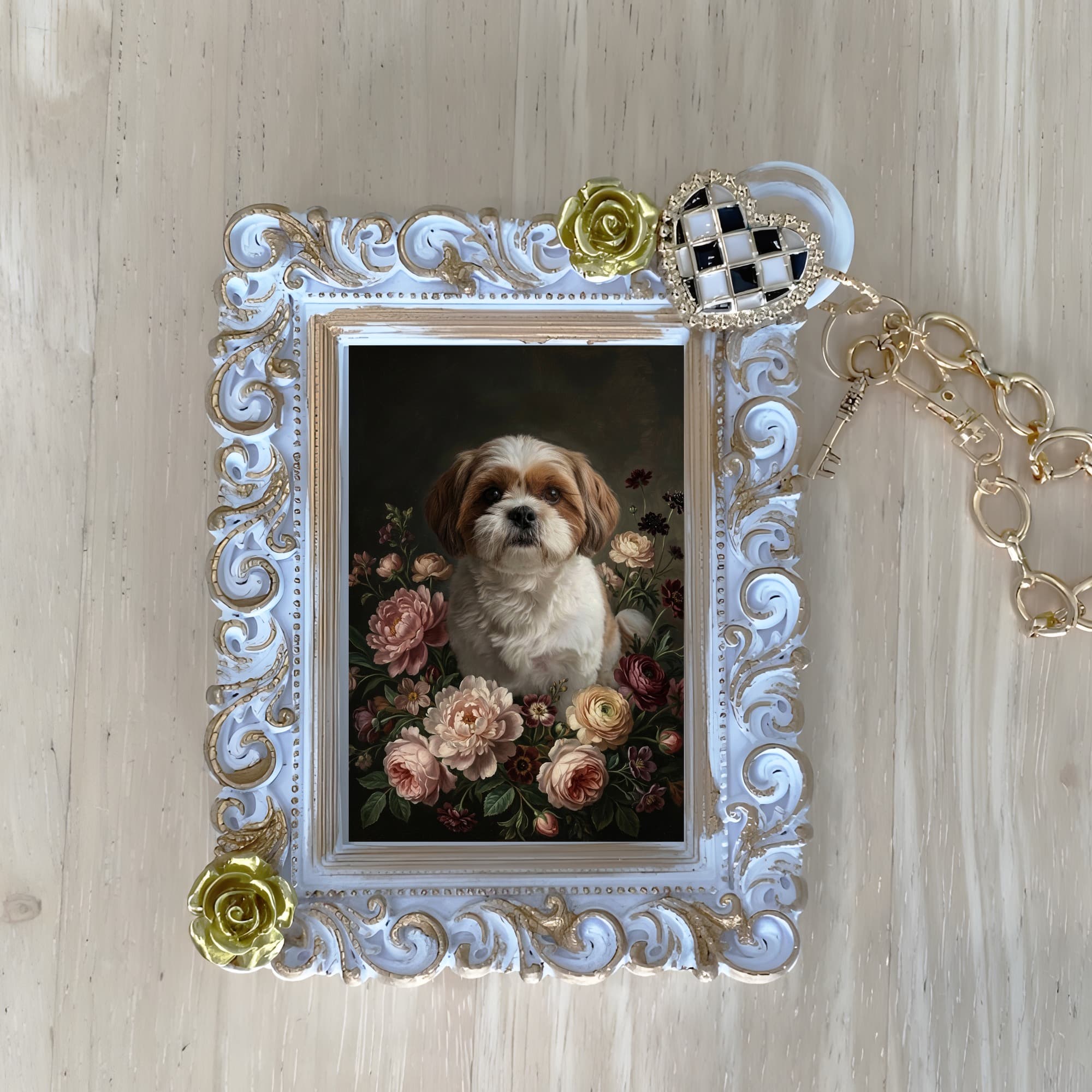 Shih Tzu Floral Oil-Painting Floral Bag Charm (White)