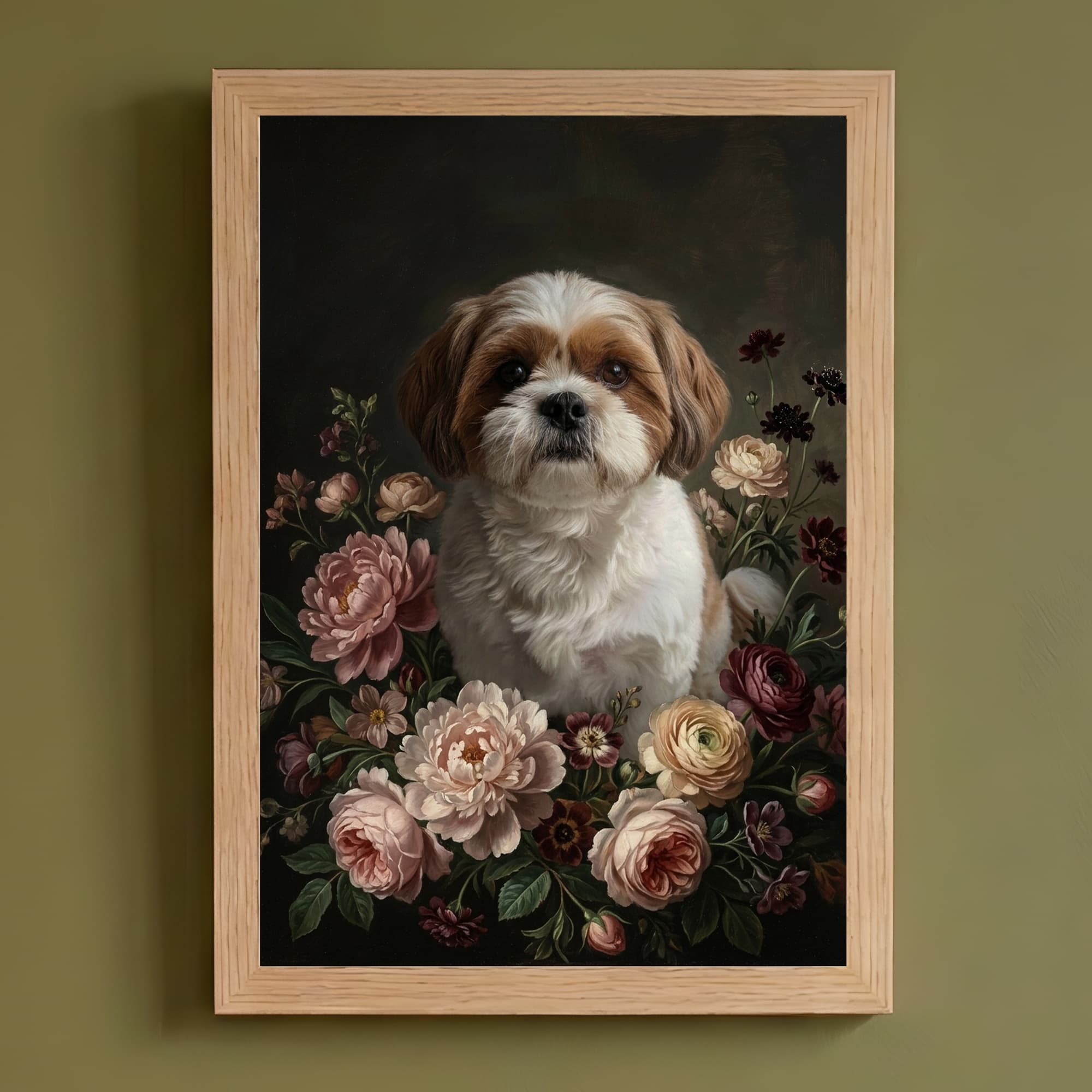Shih Tzu Floral Oil-Painting Floral Framed Art Print (A4)