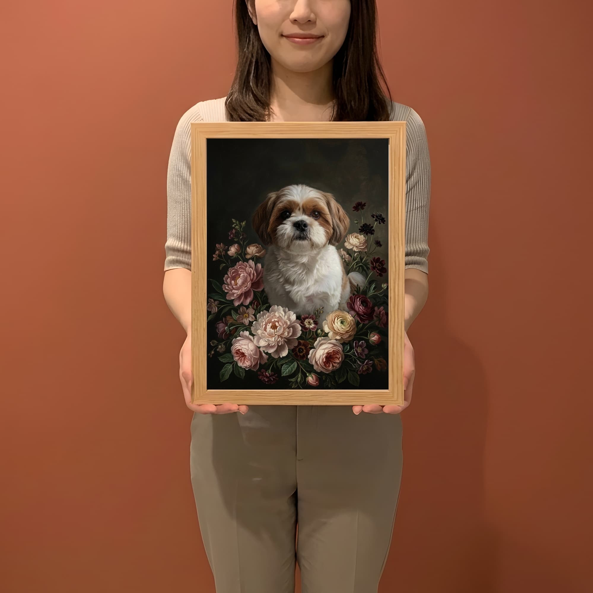 Shih Tzu Floral Oil-Painting Floral Framed Art Print (A4) 2