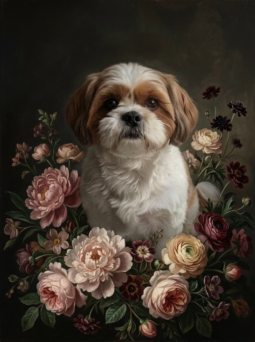 Shih Tzu Floral Oil-Painting Floral Framed Art Print (A4) 4