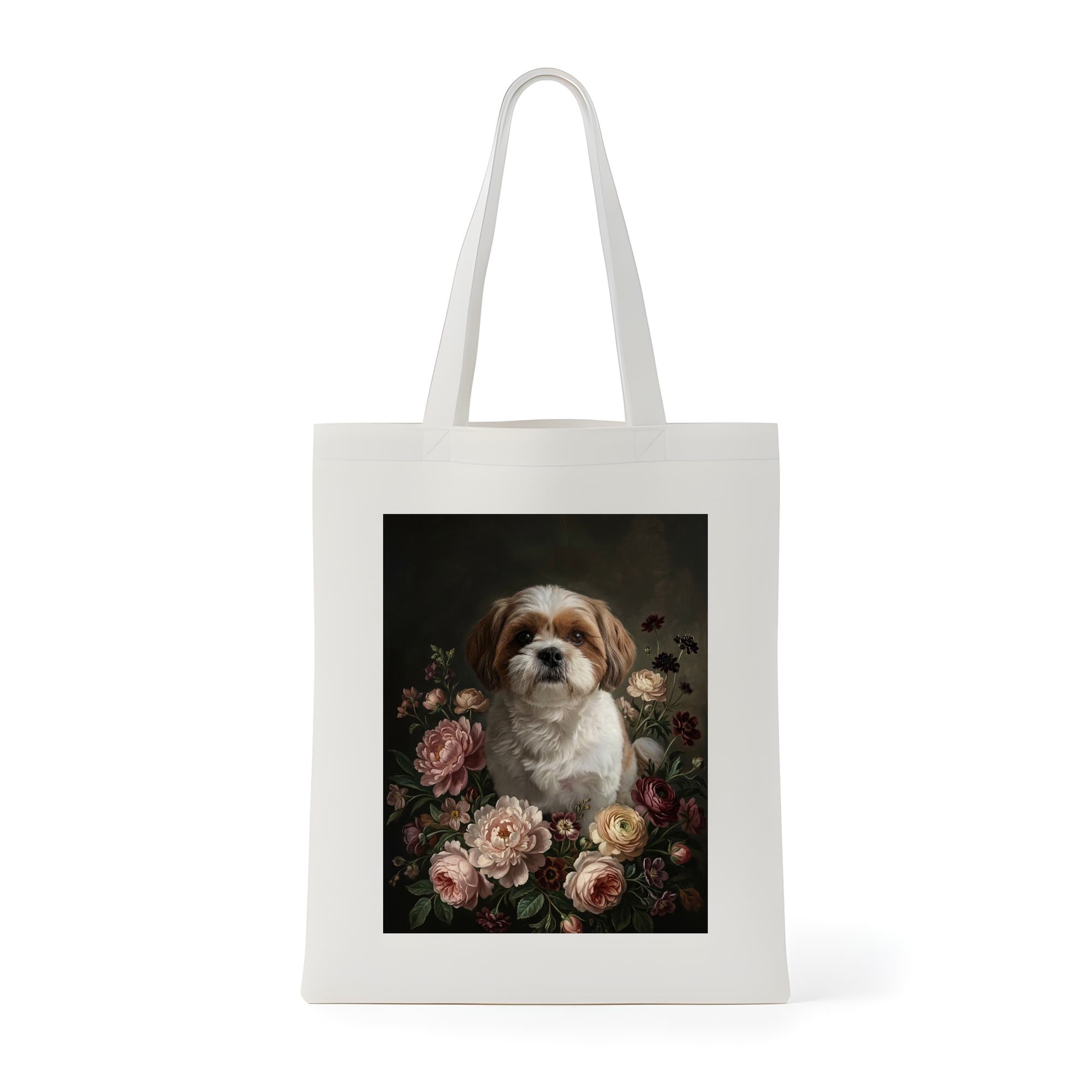 シーズーの花の油絵風アート花柄トートバッグ
