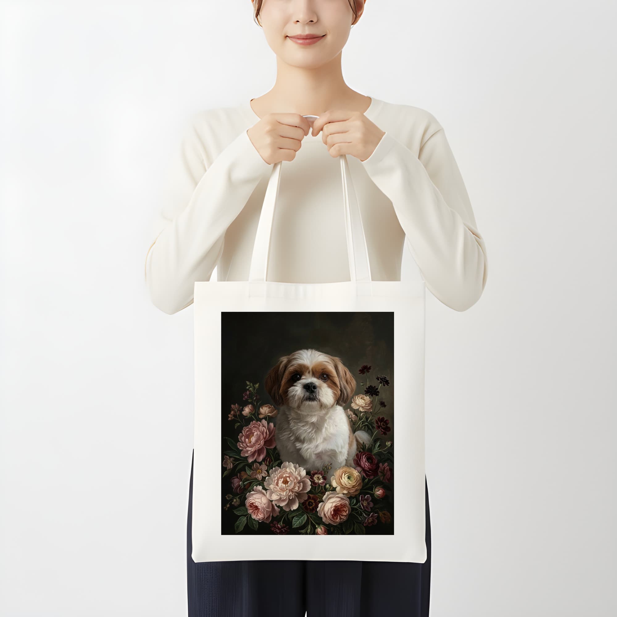 シーズーの花の油絵風アート花柄トートバッグ 3