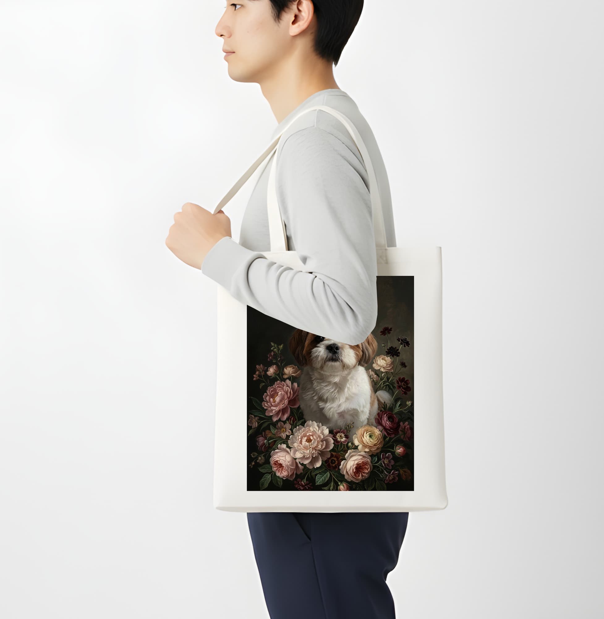 シーズーの花の油絵風アート花柄トートバッグ 4