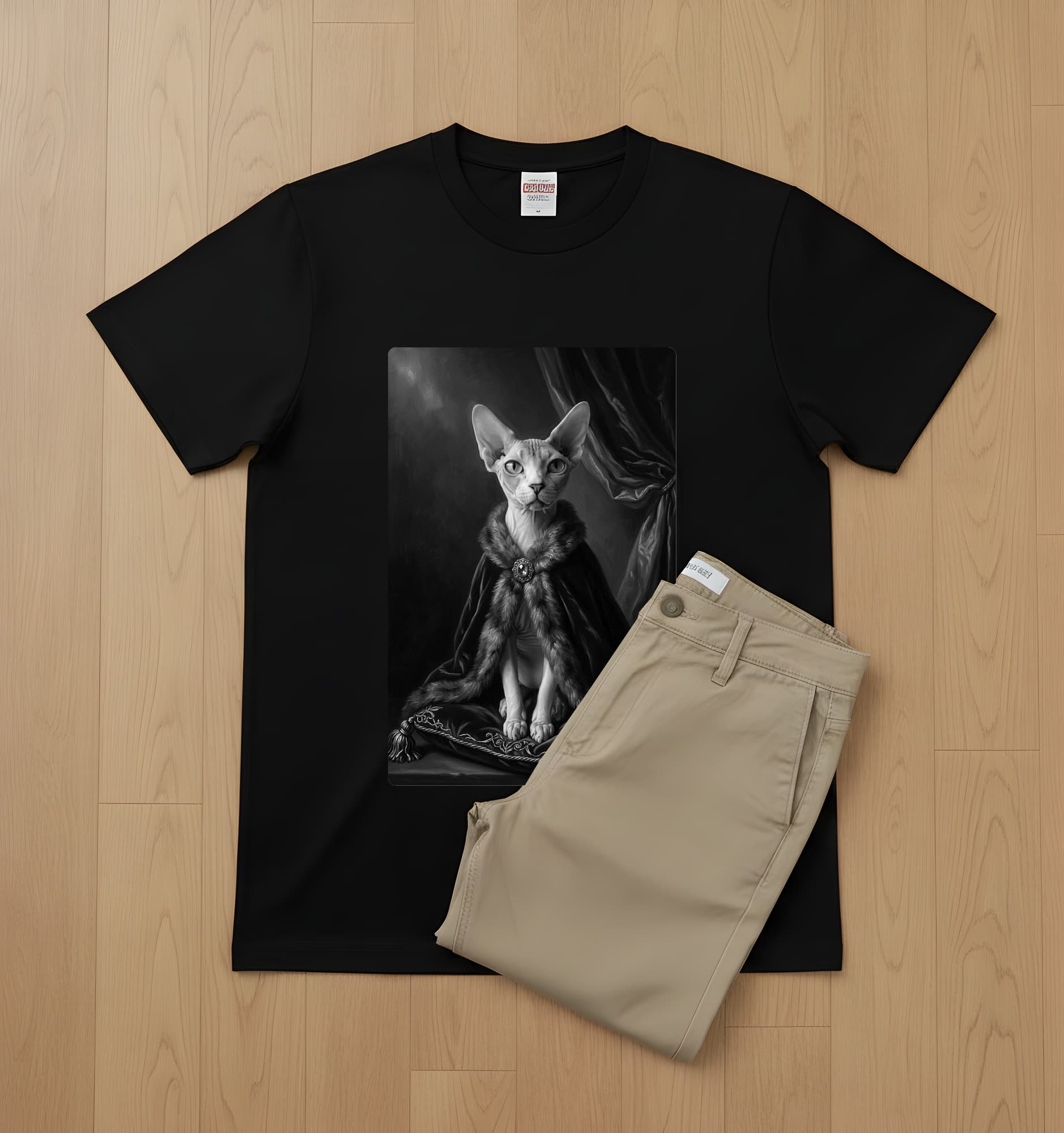 スフィンクスのルネサンス肖像画Tシャツ(ブラック・モノクロプリント・額縁なし) 2
