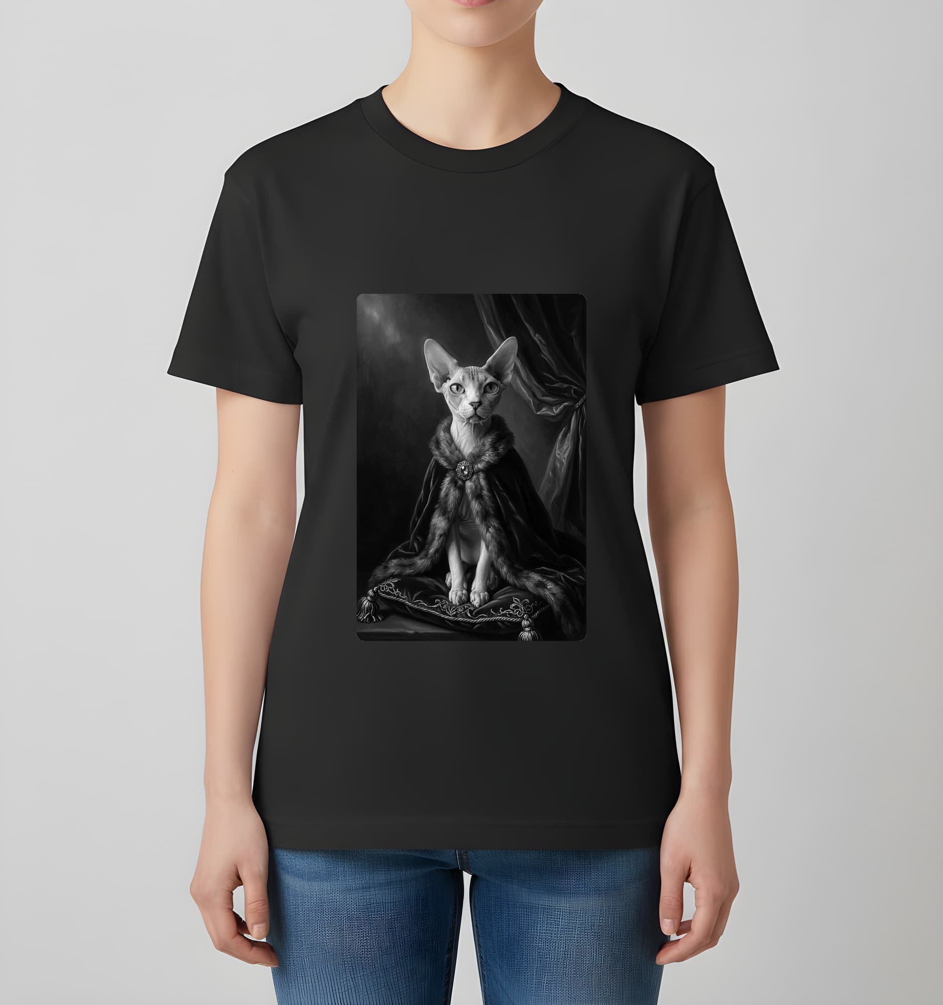 スフィンクスのルネサンス肖像画Tシャツ(ブラック・モノクロプリント・額縁なし) 4