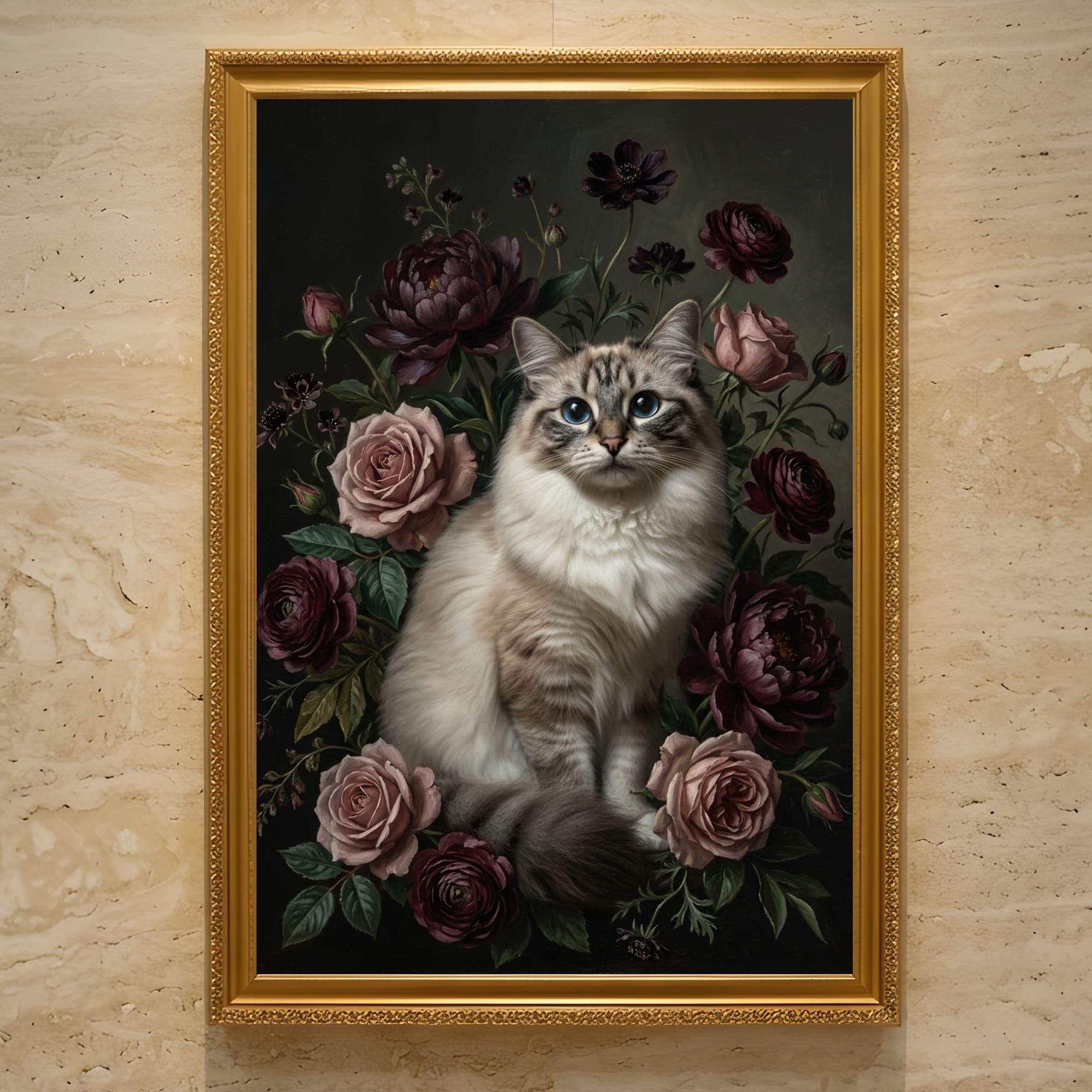 ラグドールの花の油絵風アート花柄額装プリント(A3サイズ)