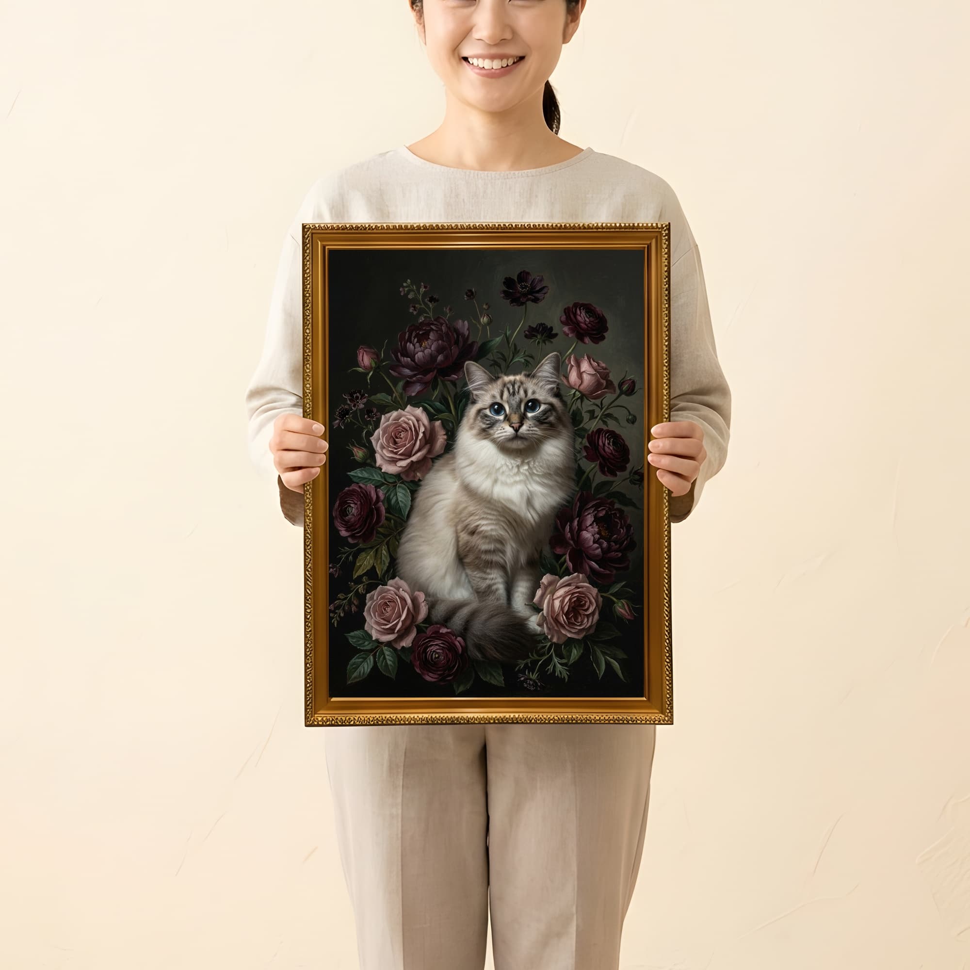 ラグドールの花の油絵風アート花柄額装プリント(A3サイズ) 2